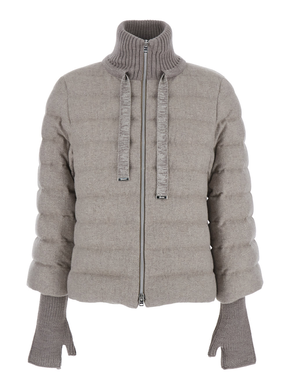 Herno Beige Down Jacket With Drawstring High Neck And Removable Gloves In Tech Fabric Woman In Gray