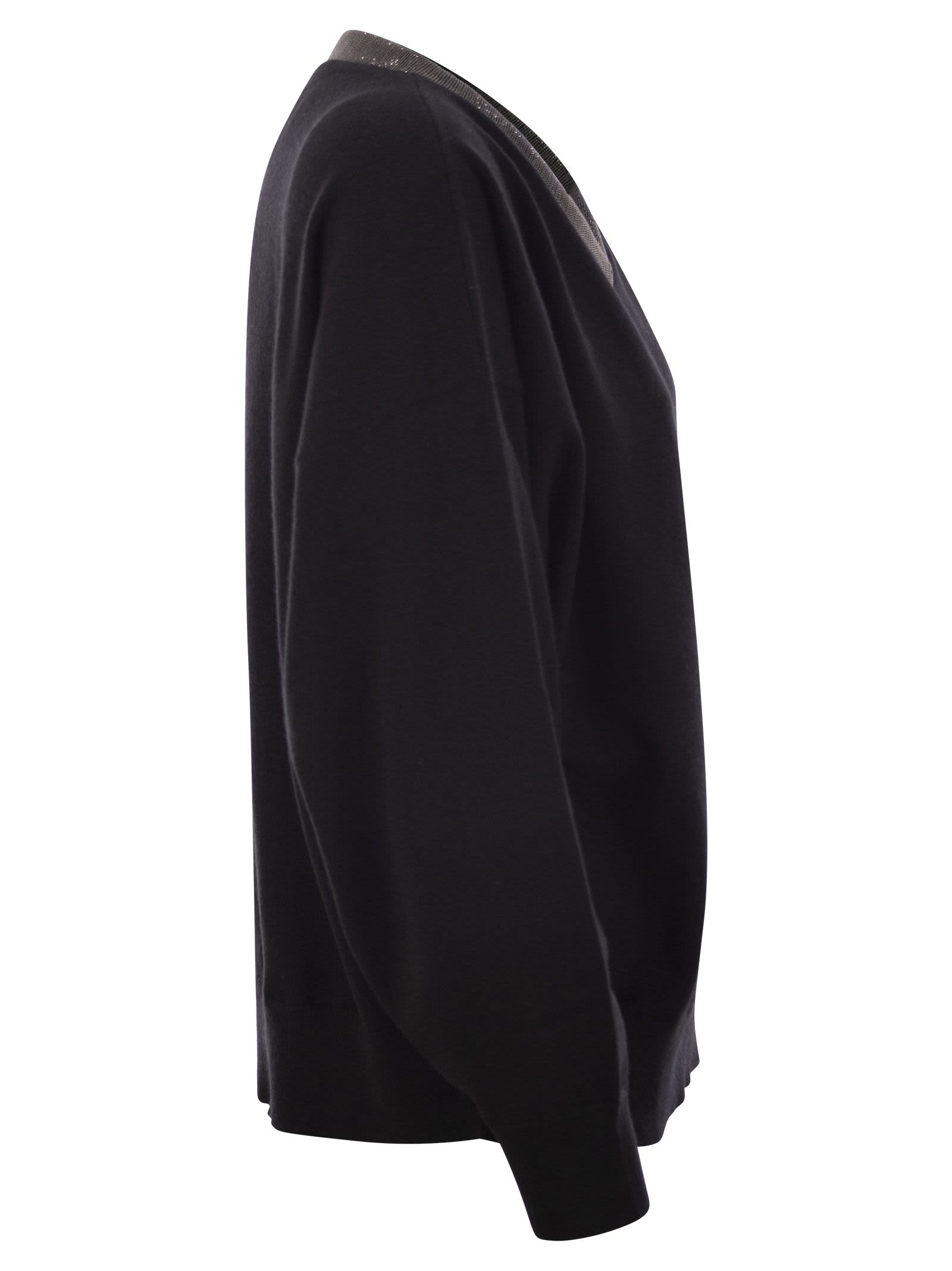 Shop Brunello Cucinelli Cashmere Sweater With Precious Ribbed Neckline In Black