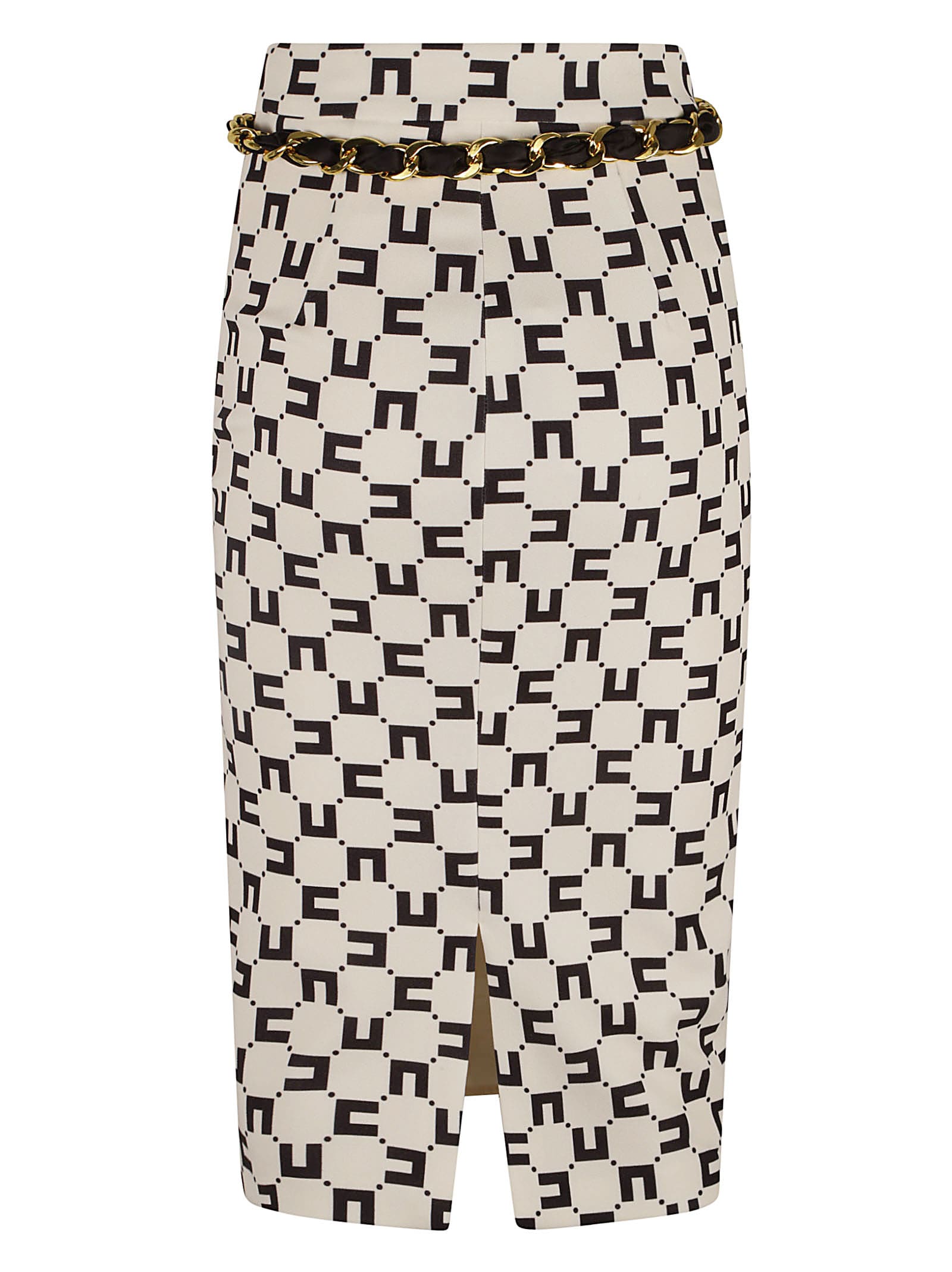 Shop Elisabetta Franchi Belted Waist Chain-link Print Skirt In Yellow Cream