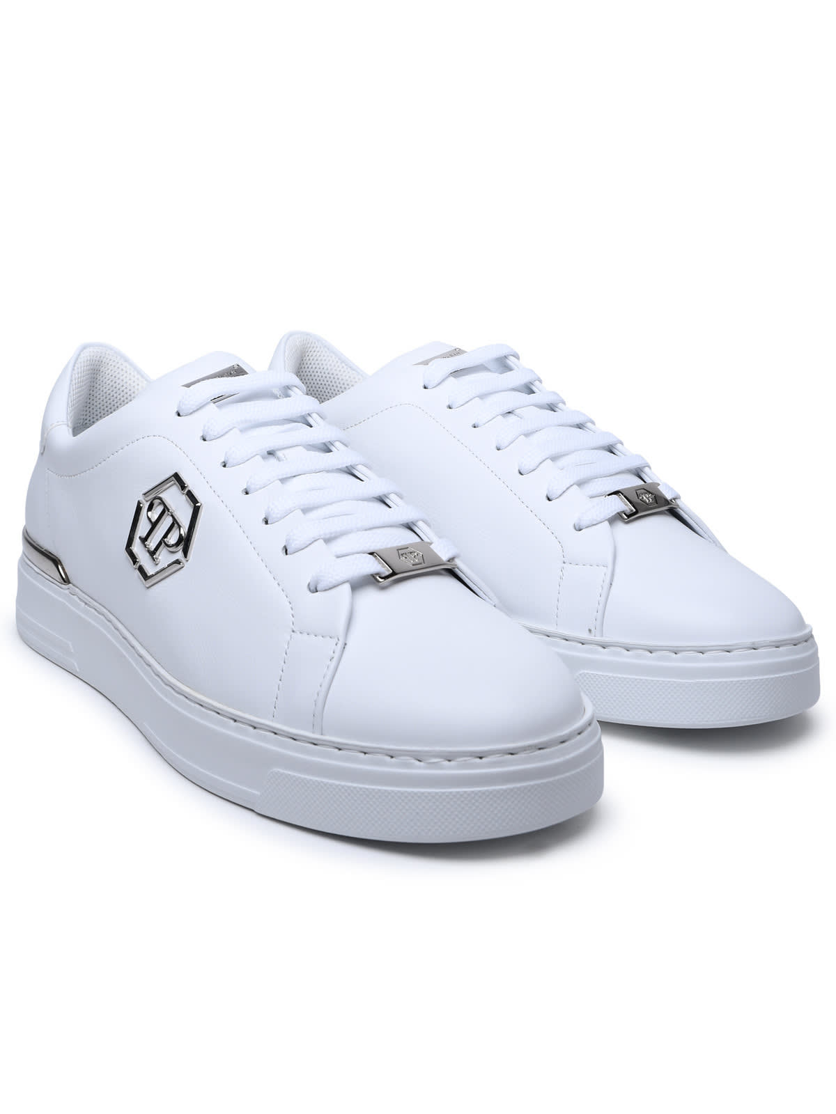 Shop Philipp Plein Hexagon White Leather Sneakers
