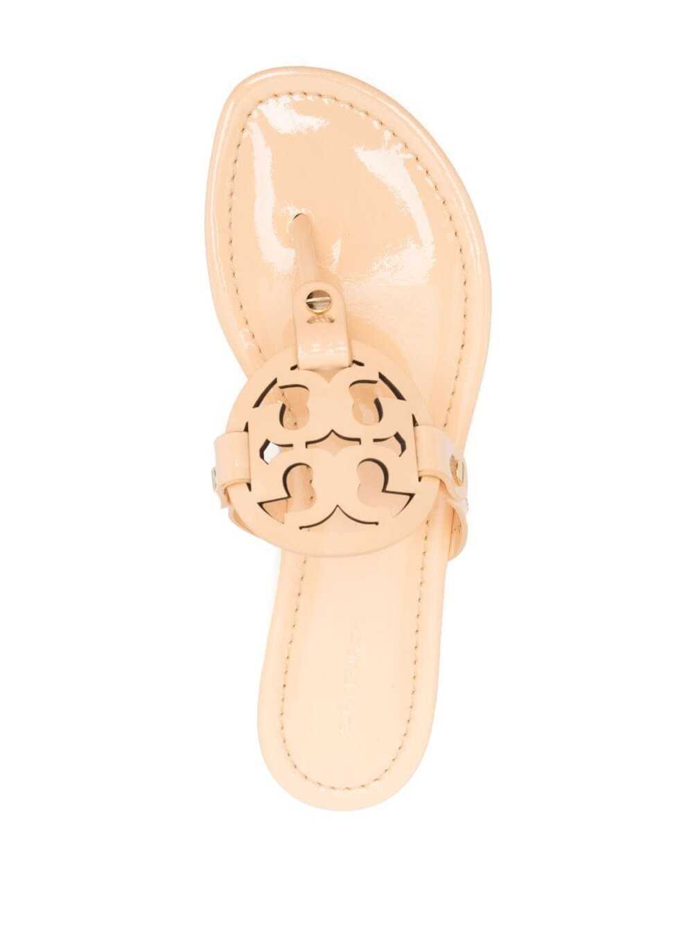 Shop Tory Burch Miller Beige Thong Sandal With Tonal Logo In Leather Woman In Metallic