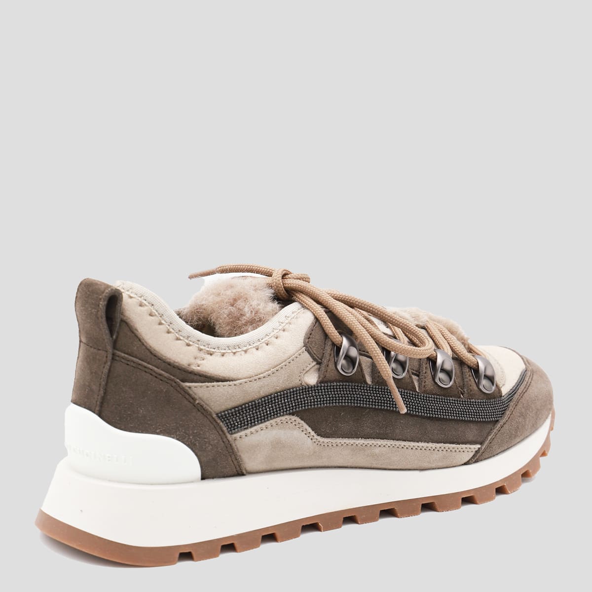 Brunello Cucinelli Monili-embellished Suede-trimmed Sneakers In Brown