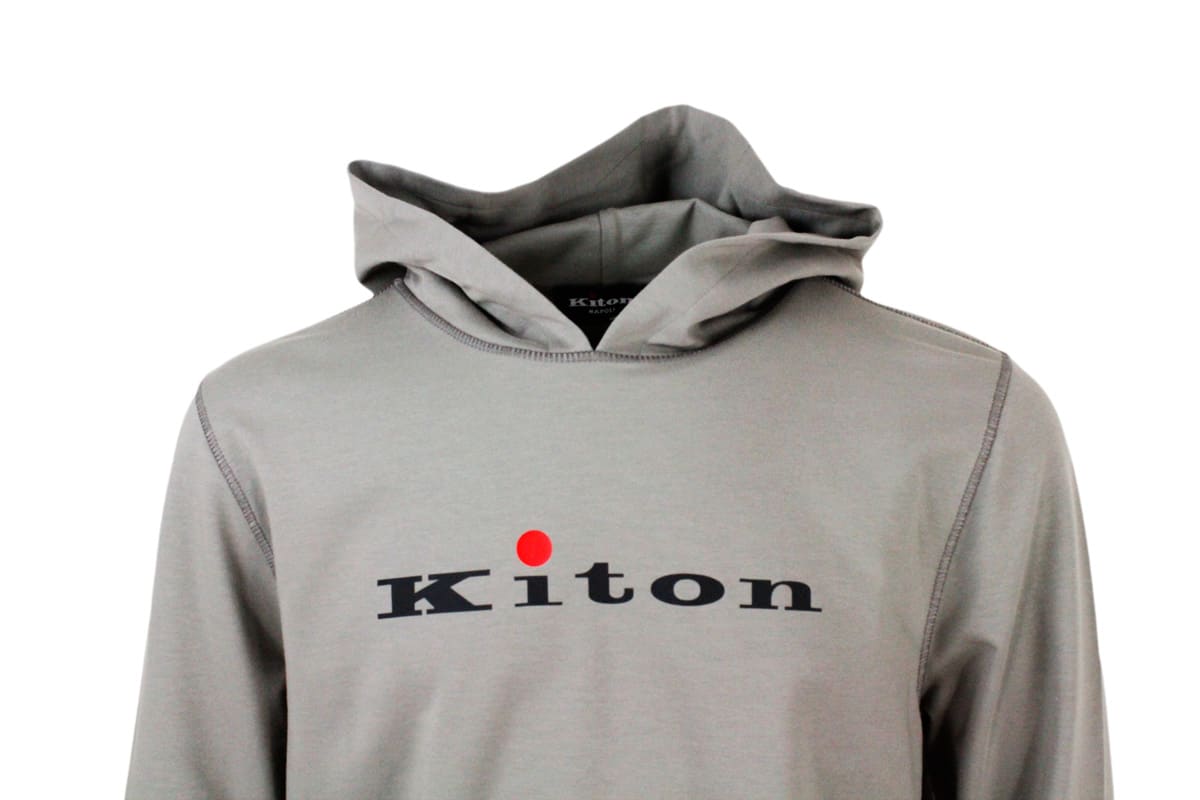 Shop Kiton Hooded Sweatshirt In Soft And Fine Stretch Cotton With Long Sleeves In Beige - Dove