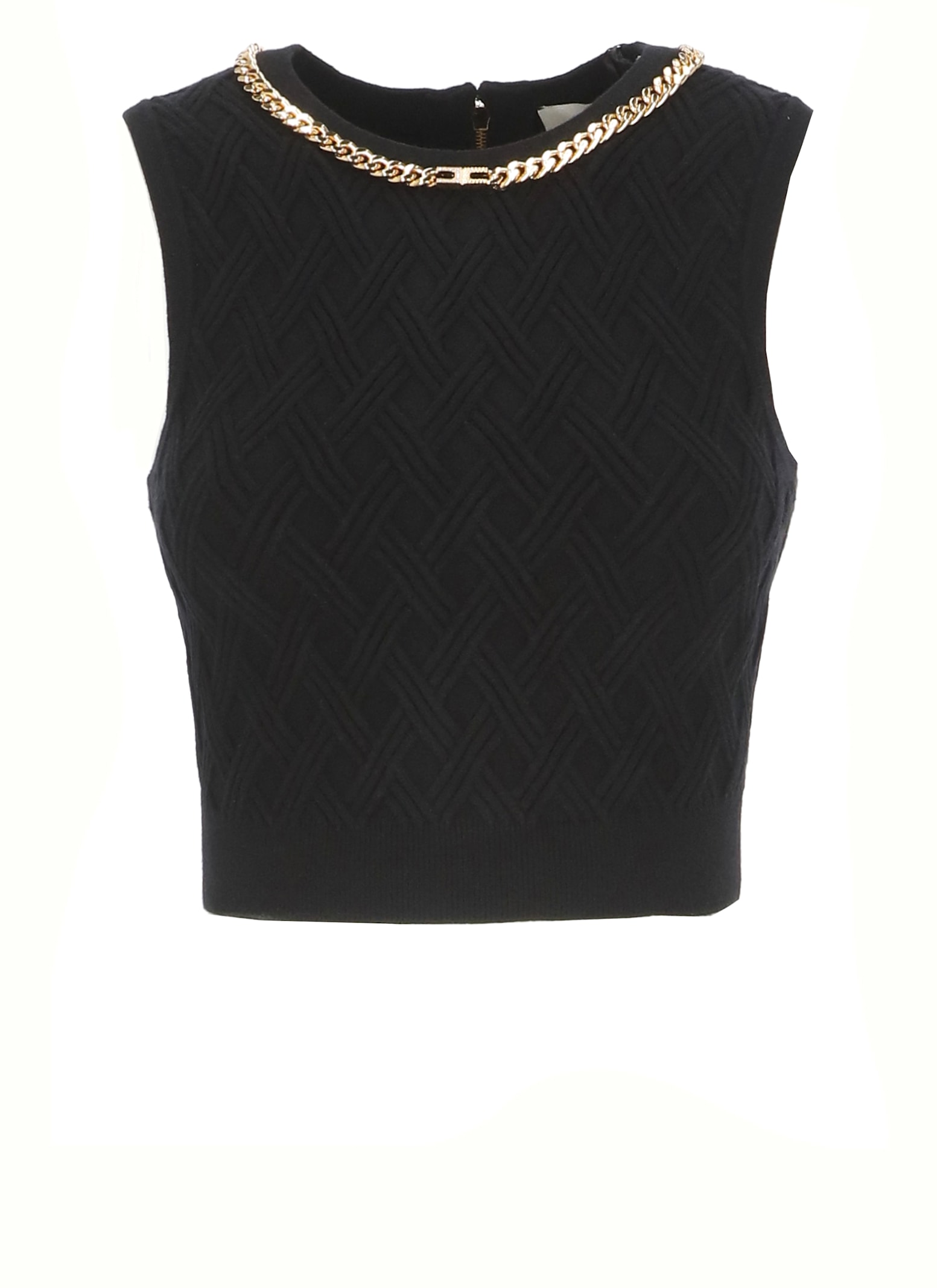 Elisabetta Franchi Chain-embellished Diamond-pattern Crop Top In Black