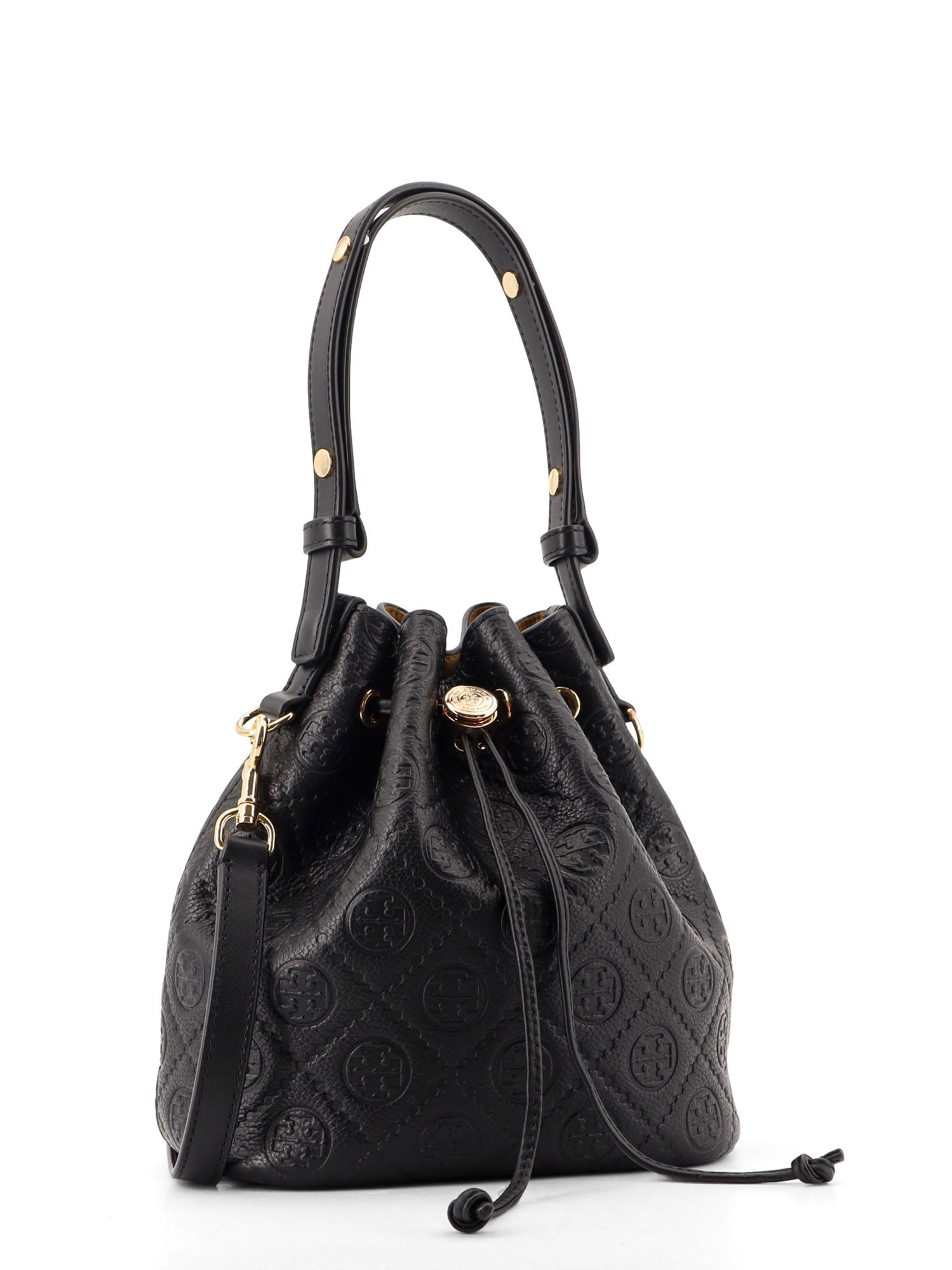 Tory Burch T Monogram Pebble Leather Bucket Bag In Black