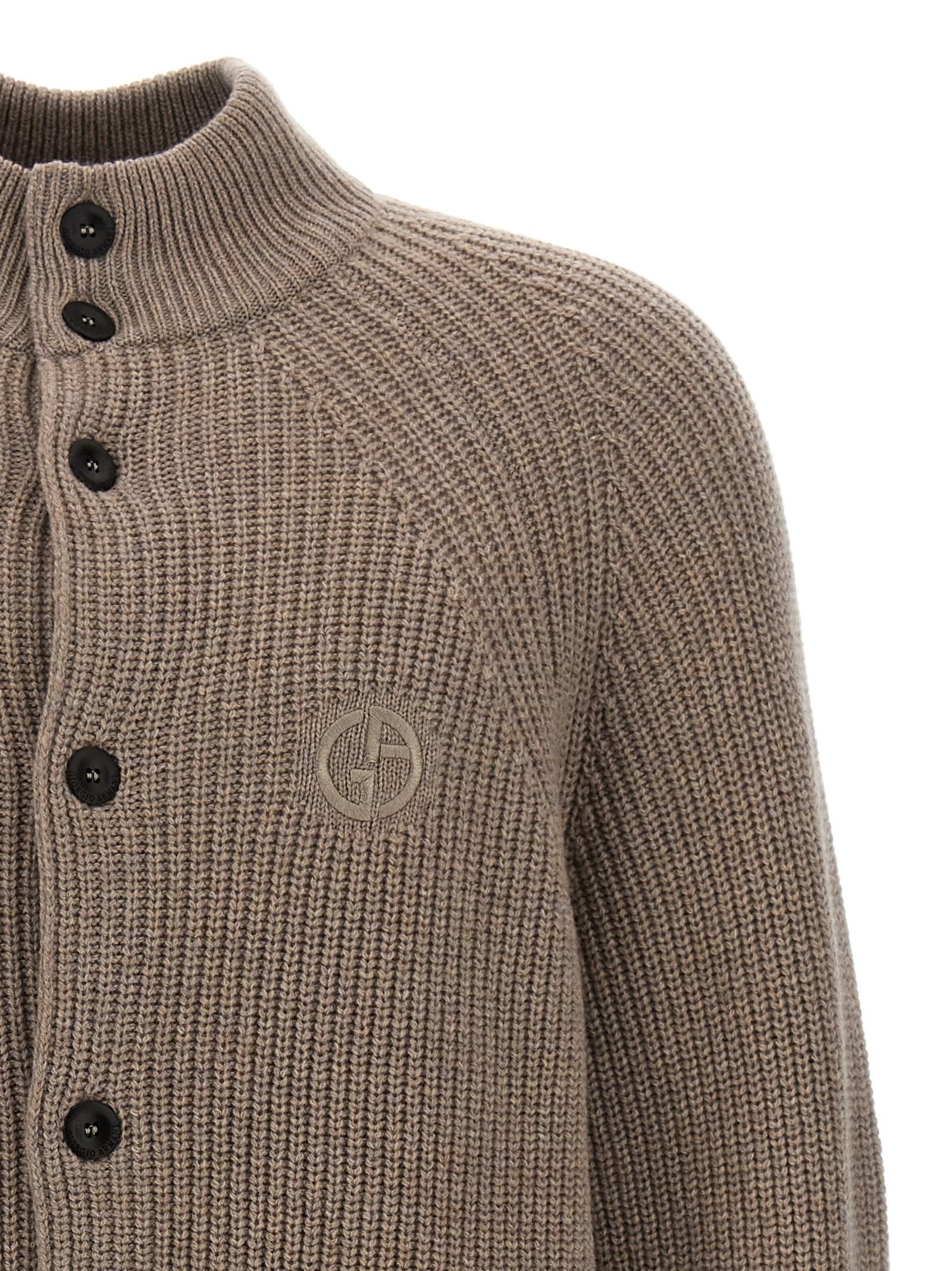 Giorgio Armani Ribbed Texture High Neck Cardigan With Front Pockets In Mole
