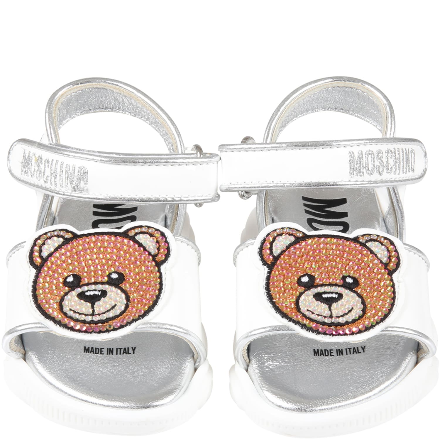 Moschino White Sandals For Girl With Teddy Bear And Silver Logo