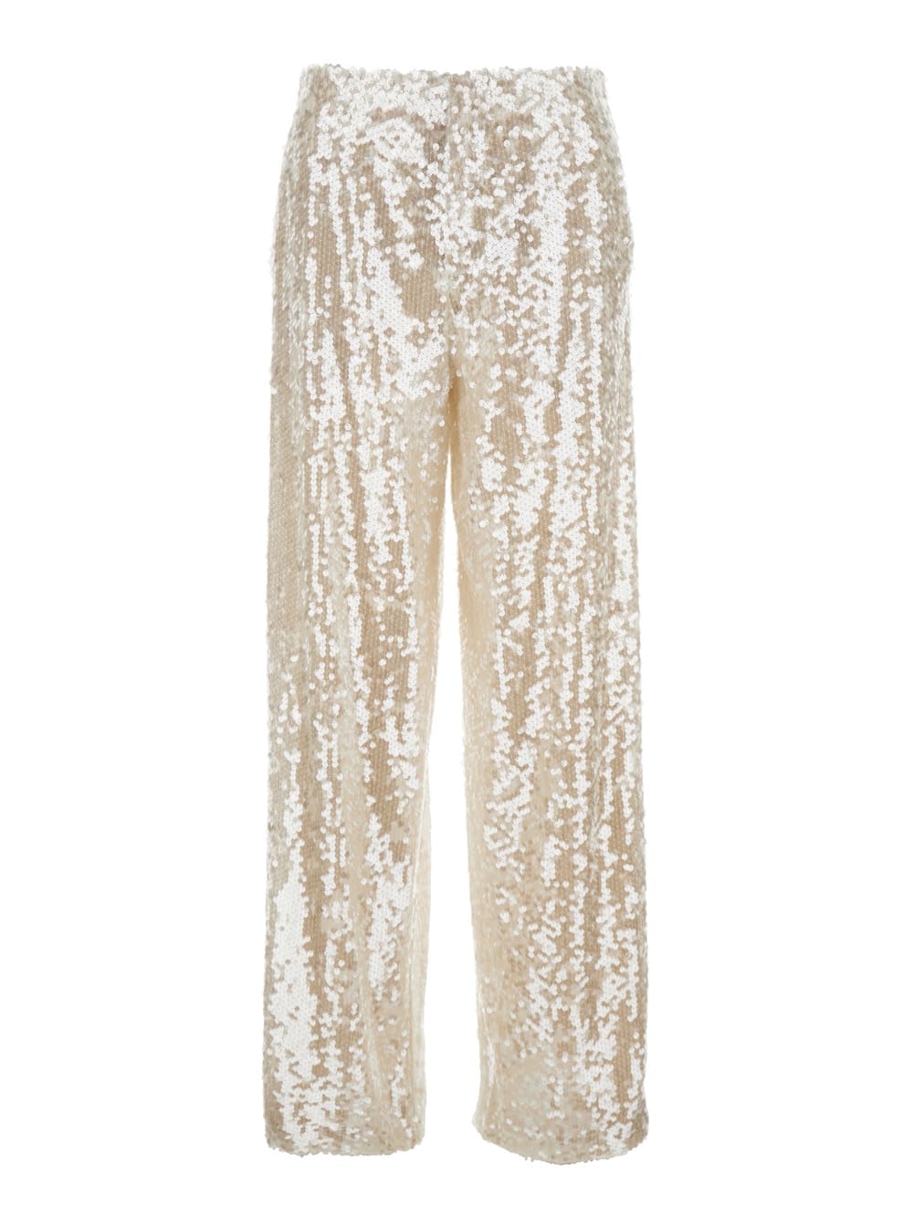 White Wide Leg Pants With All-over Sequins In Acetate Fabric Woman