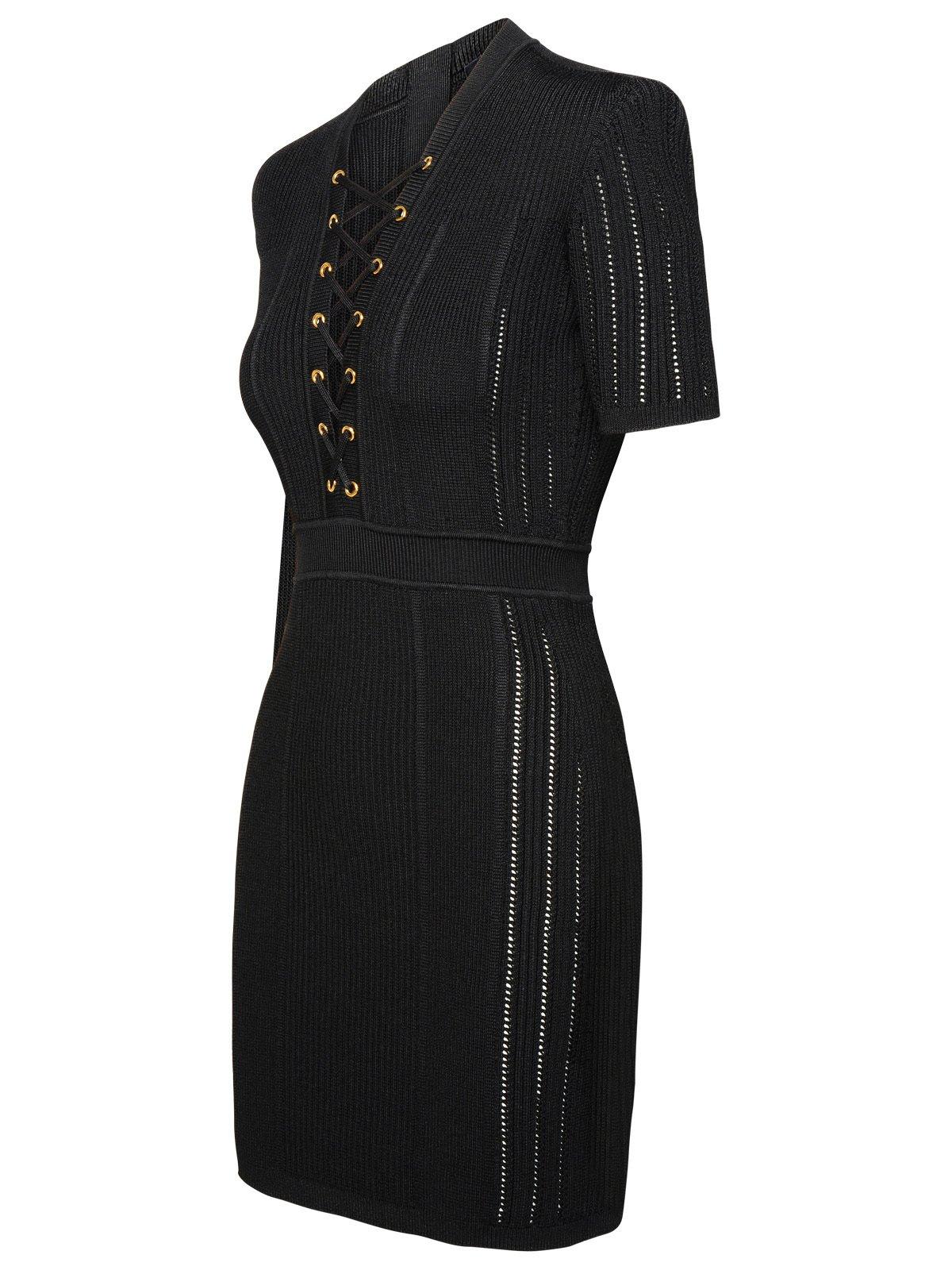 Shop Balmain Short Fine Ribbed Knit Dress In Black