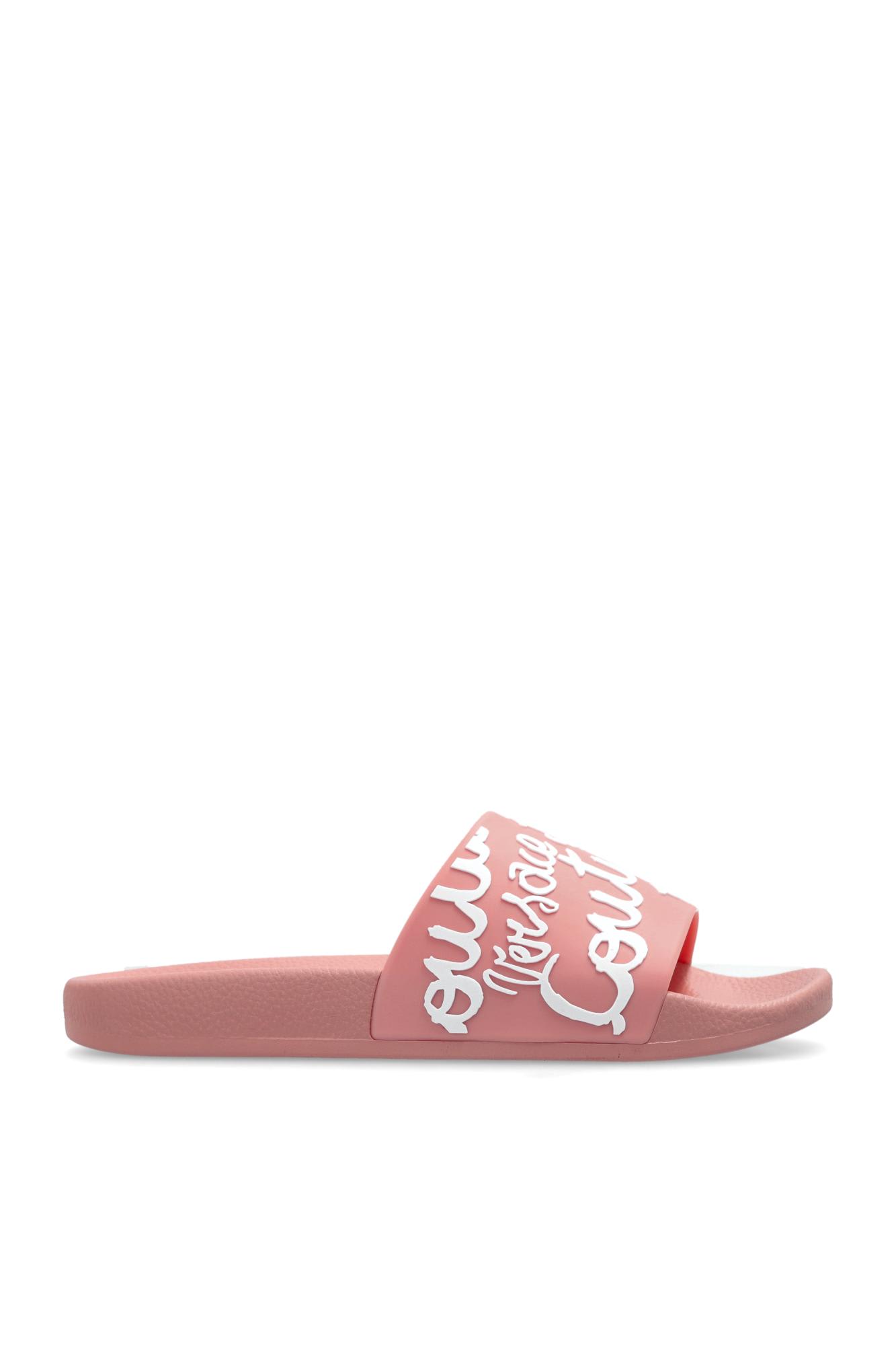 Shop Versace Jeans Couture Rubber Slides With Logo In Peony+white