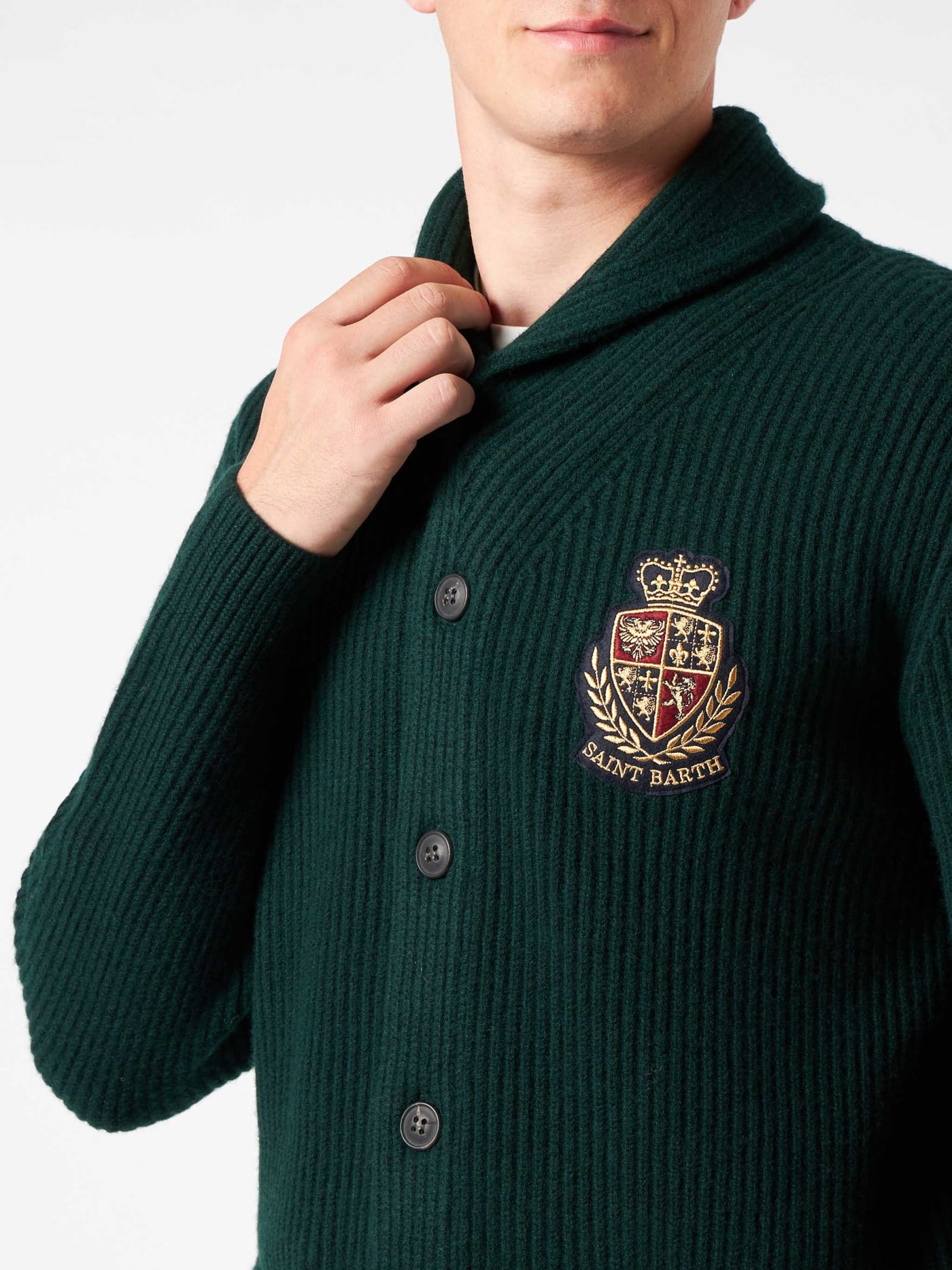 Shop Mc2 Saint Barth Man Shawl Collar Green Ribbed Cardigan With Pockets And Patch