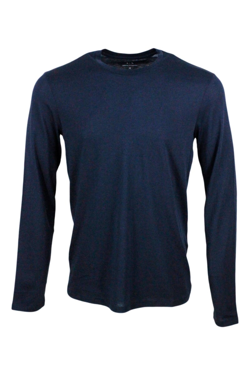 Armani Collezioni Long-sleeved Round Neck T-shirt In Soft Stretch Cotton