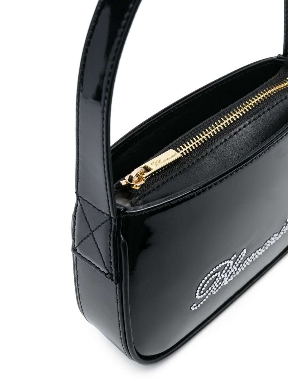Shop Blumarine Black Patent Finish Mini Bag With Rhinestone-embellished Logo In Calf Leather Woman