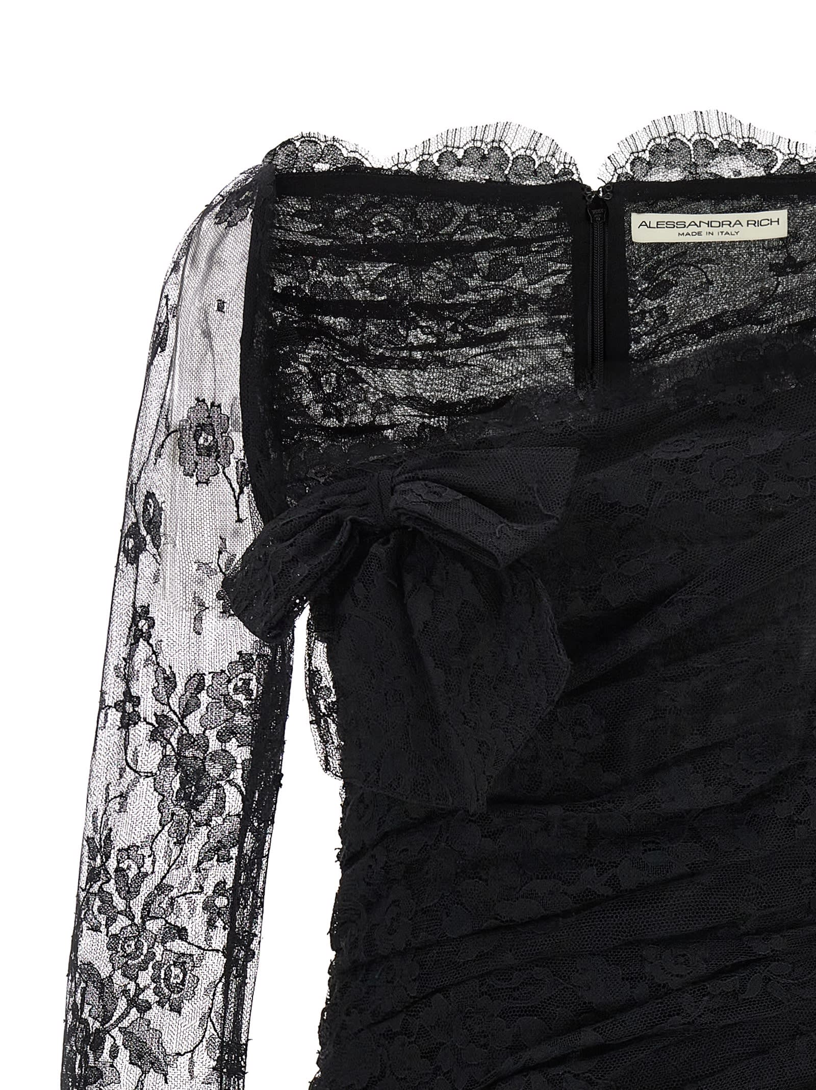 Alessandra Rich Draped Lace Mini Dress With Plunging Neckline In Black