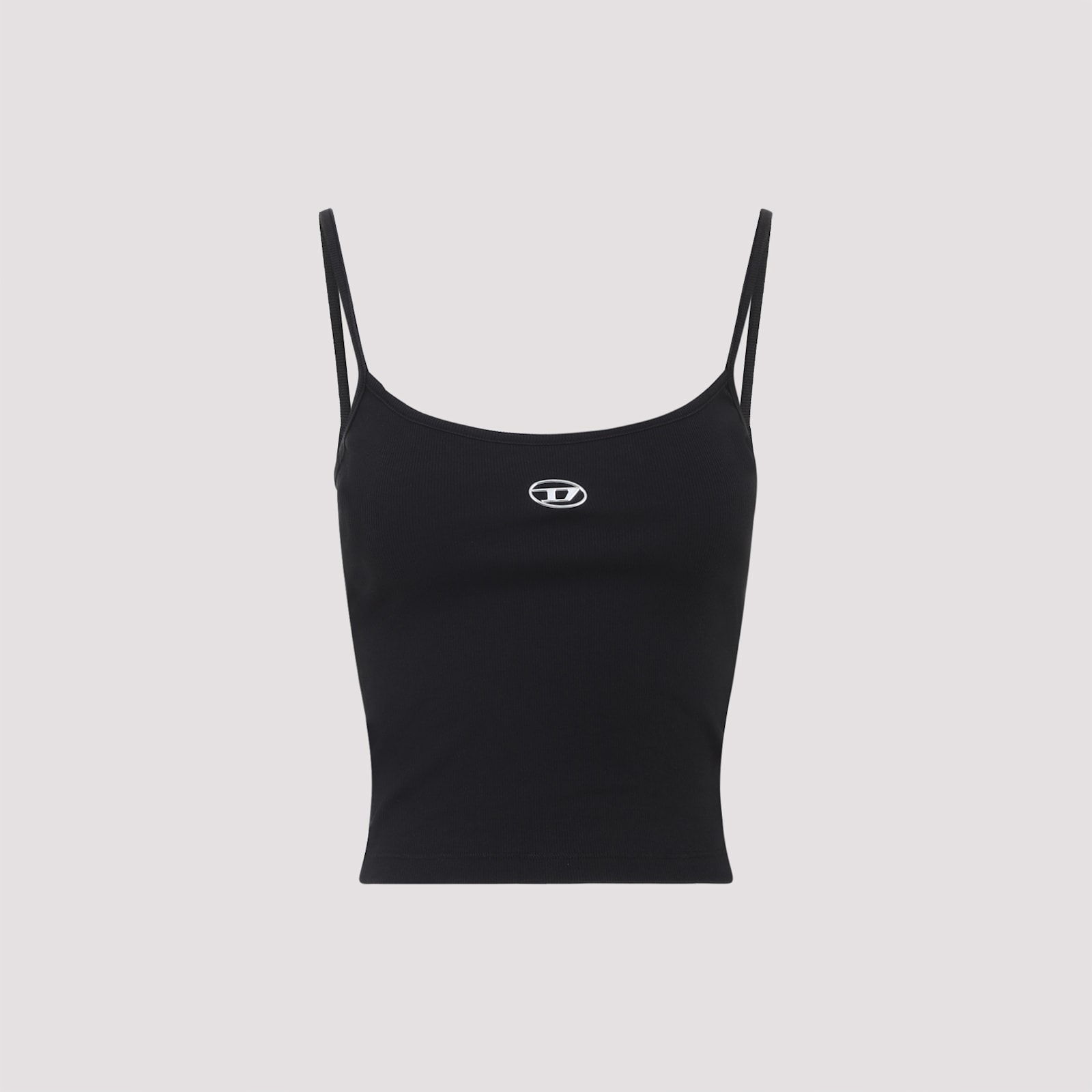 Diesel Ribbed Stretch Cotton Top With Metallic Oval D Logo In Black