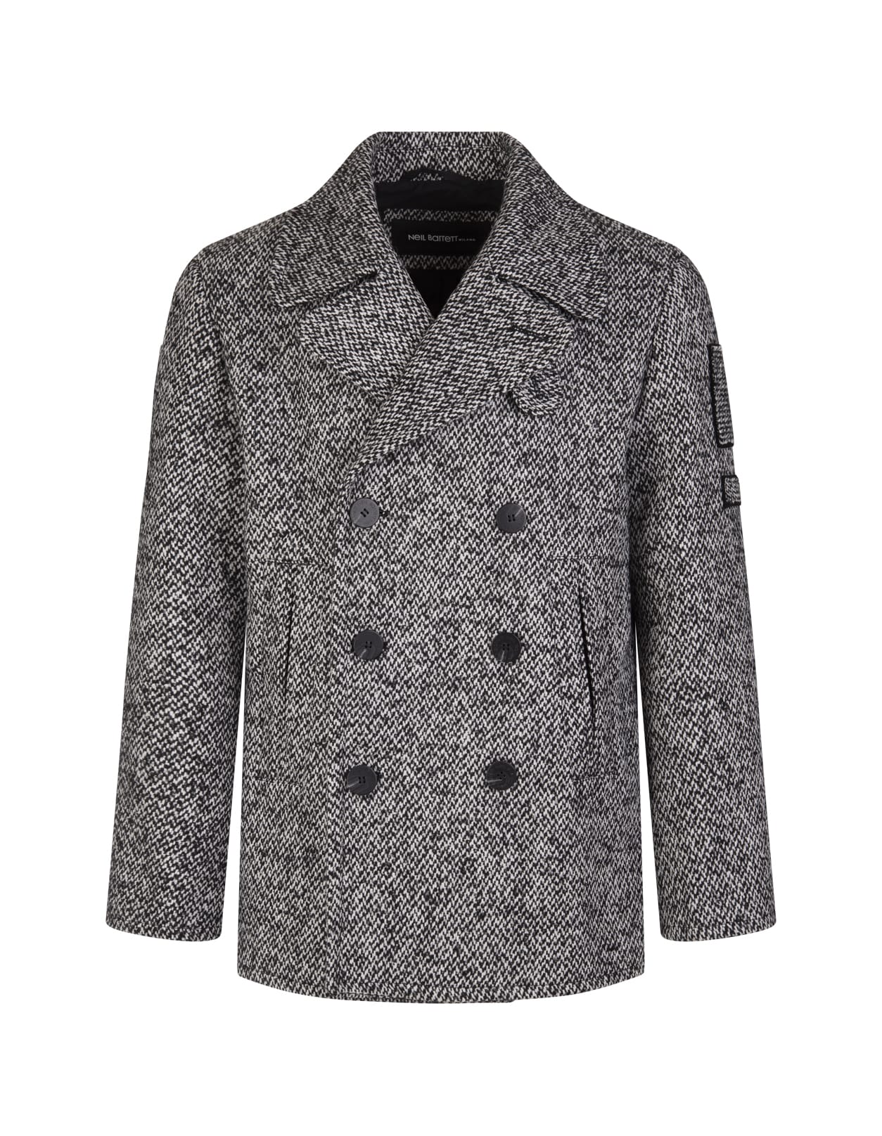 Neil Barrett Black And White Tweed Double-breasted Coat In Black/offwhite