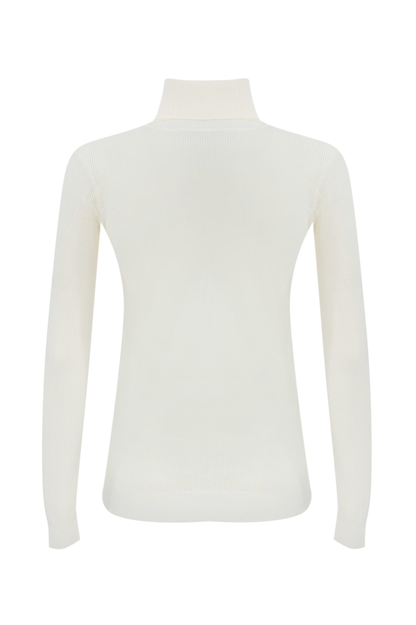 Shop Elisabetta Franchi Turtleneck In Mesh Stitch Viscose Knit With Logo Inlay In Avorio