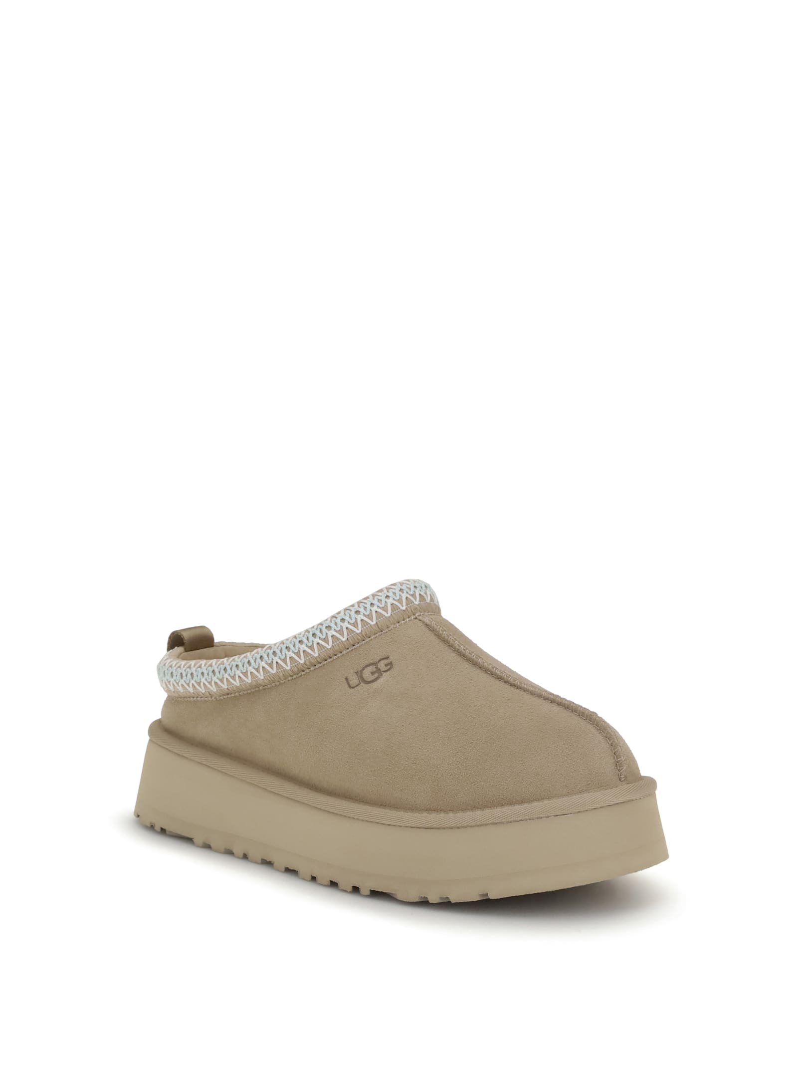Ugg Tasman Embroidered Suede Flatform Mules In Nude