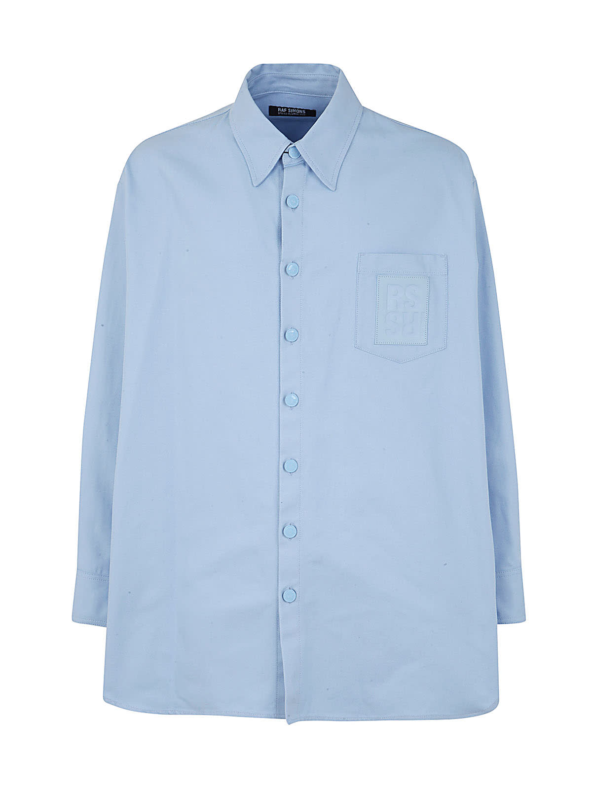 Shop Raf Simons Oversized Denim Shirt With Leather Patch In Light Blue