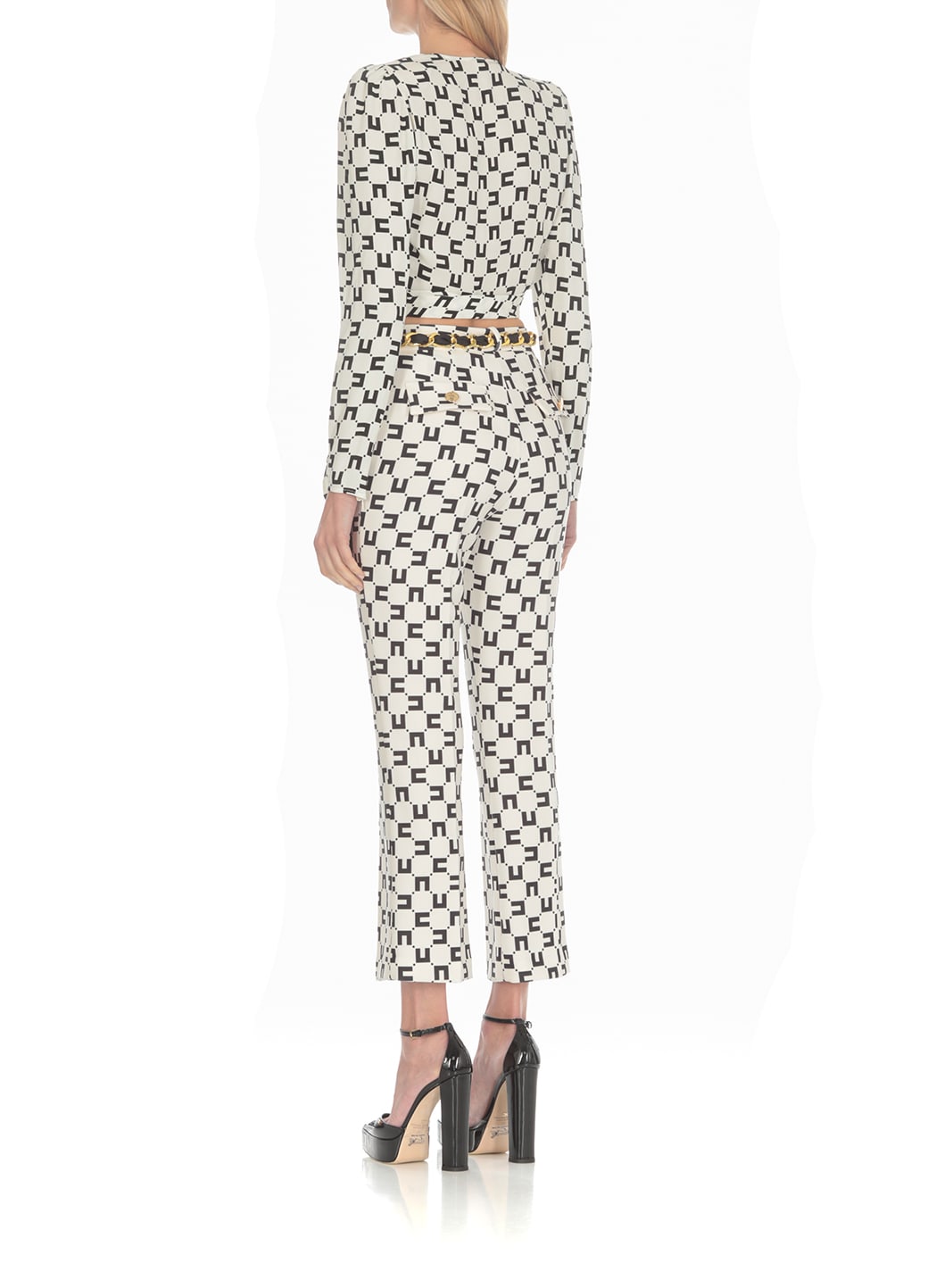 Elisabetta Franchi Monogram-print Bootcut Trousers In Black