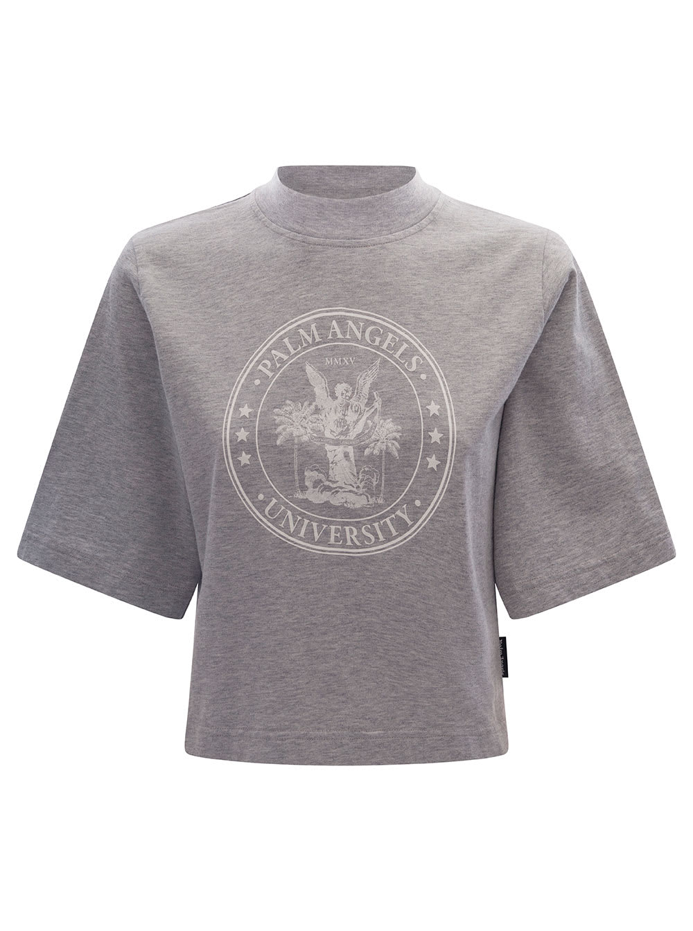 Palm Angels Grey Cropped T-shirt With College-style Logo Print In Cotton Woman