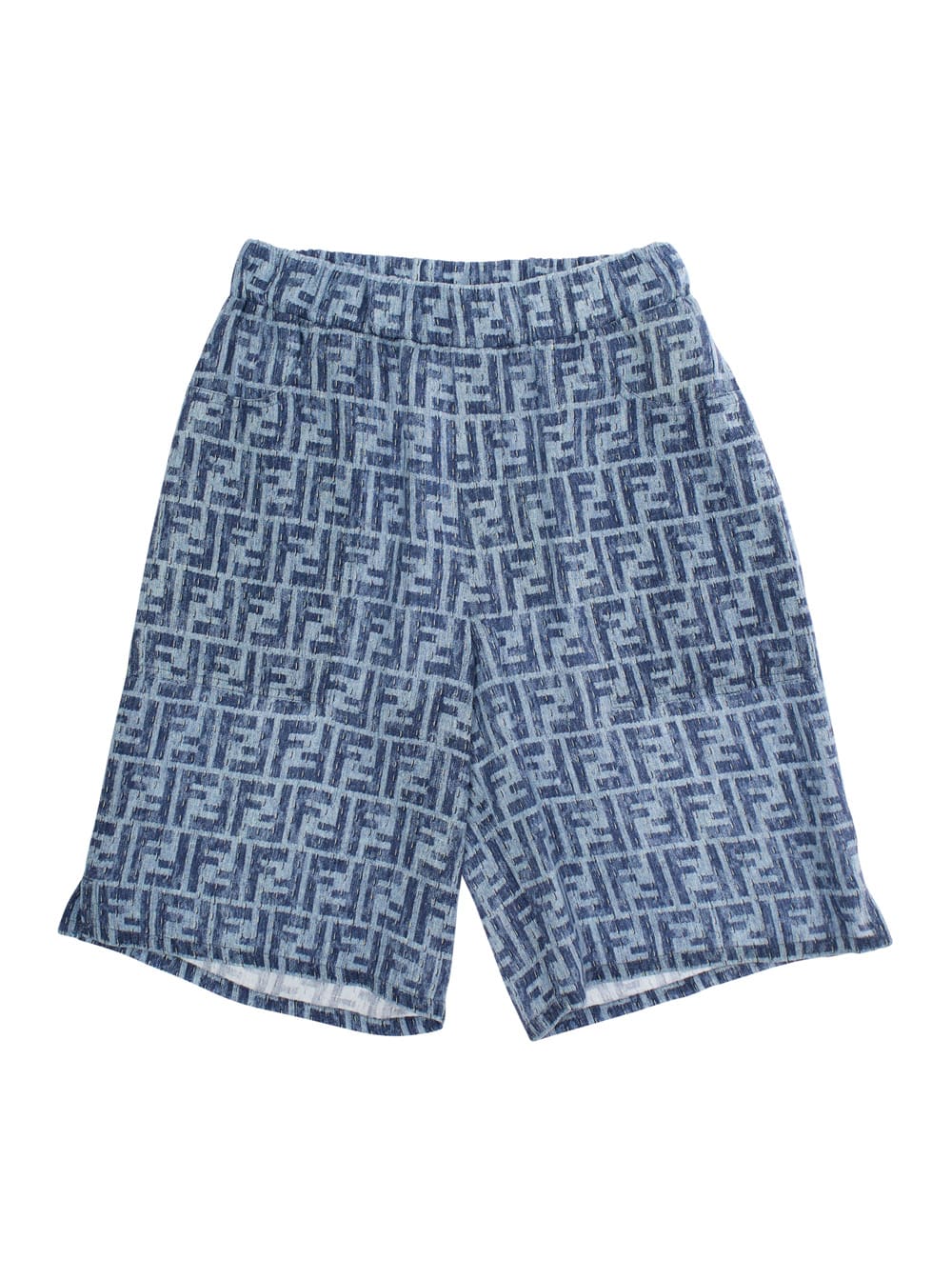 Fendi Blue Bermuda Pants With Elastic Waist And All-over Ff Logo Print In Linen Boy In Blue