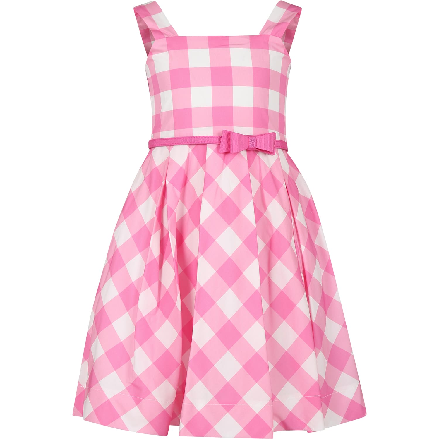 Shop Monnalisa Pink Dress For Girl With Bow And Vichy Print In Multicolor