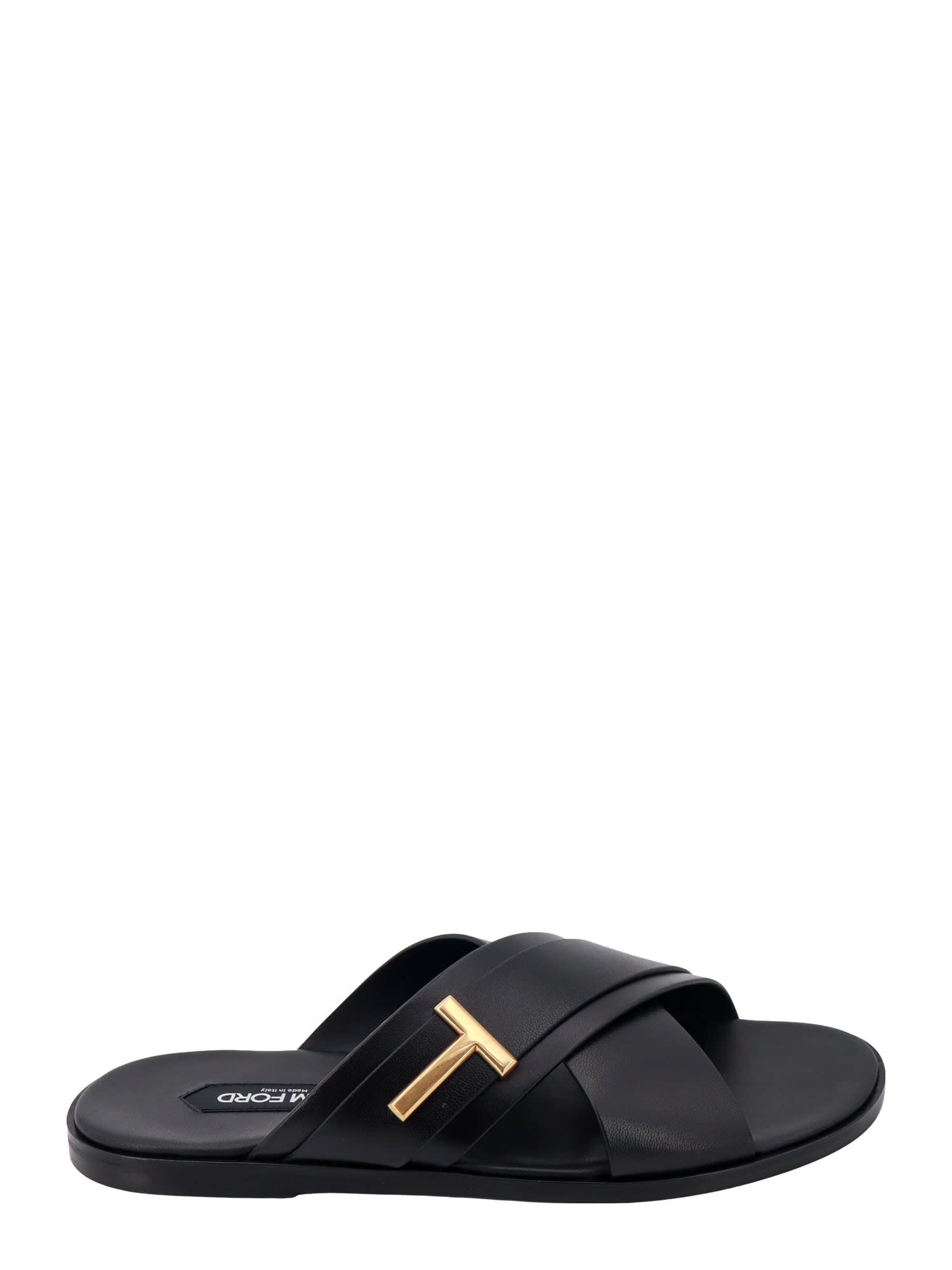 Shop Tom Ford Cross Strap T Plaque Sandals In Black