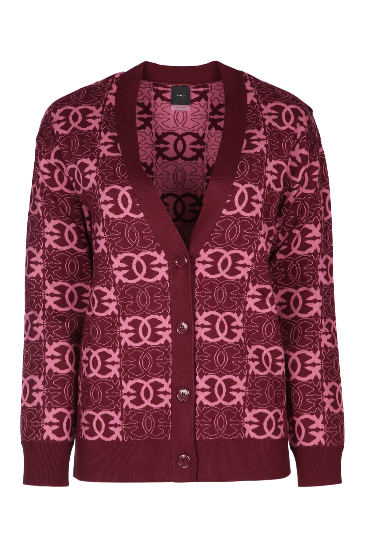Pinko Long Sleeve Patterned Knit Cardigan V-neck In Burgundy