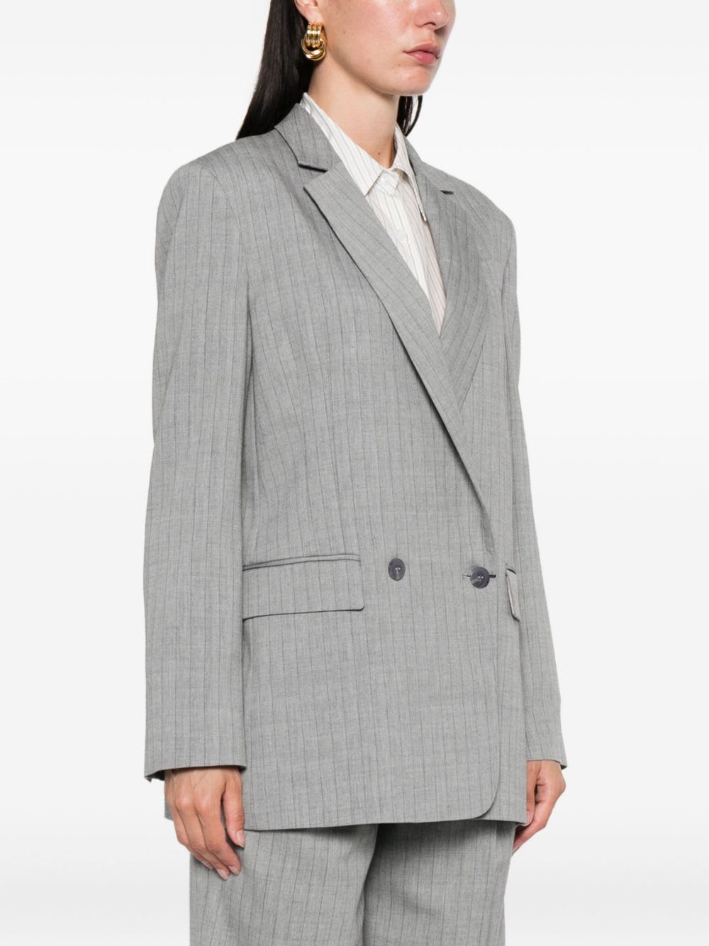 Twinset Double-breasted Pinstripe Blazer With Structured Shoulders In Gray