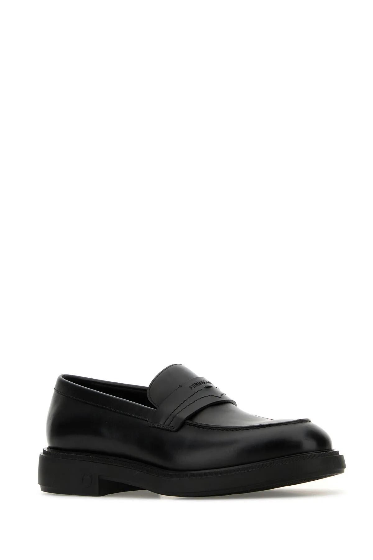 Shop Ferragamo Black Leather Caligola Loafers