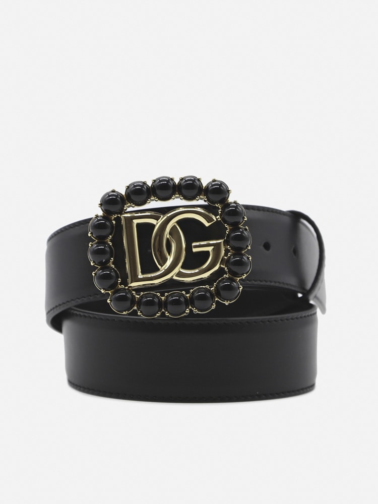 Dolce & Gabbana Leather Belt With Logo Embellished With Pearls