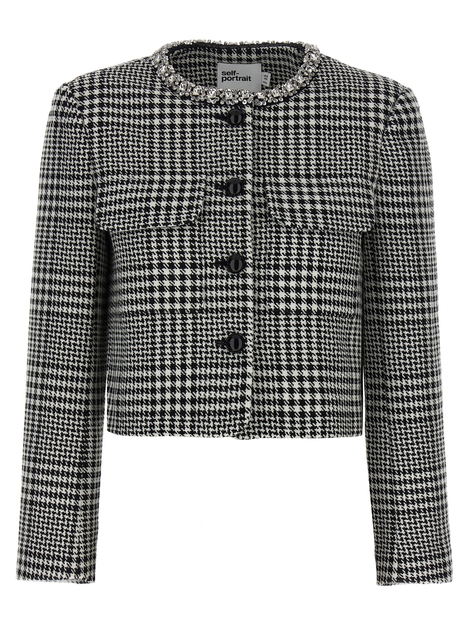 Self-portrait Houndstooth Jacket With Crystals In Gray