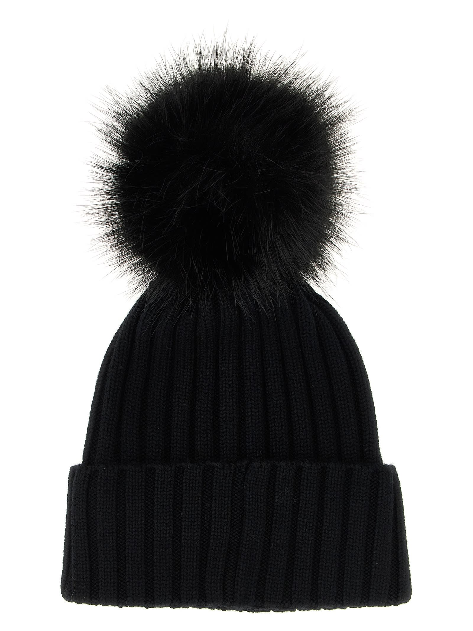 Moncler Ribbed Knit Wool Beanie With Faux Fur Pom-pom In Black