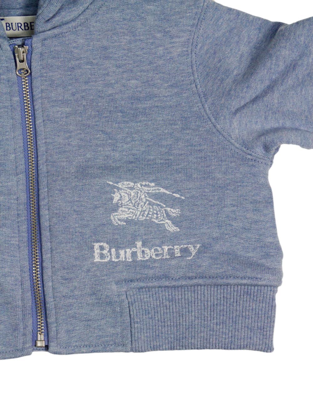 Shop Burberry Full Zip Hooded Sweatshirt With Long Sleeves In Fine Cotton With Logo On The Front In Light Blu