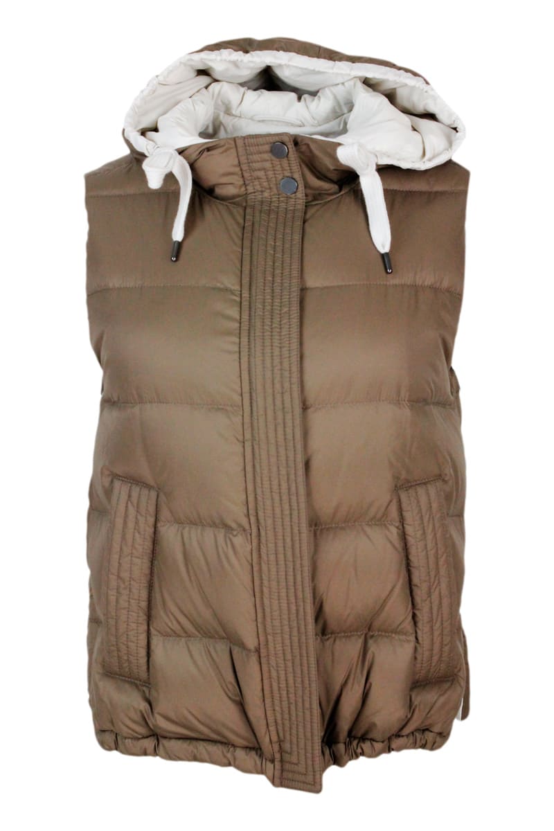 Brunello Cucinelli Sleeveless Down Jacket In Lightweight Nylon With Hood And Rows Of Shiny Jewels Along The Closure