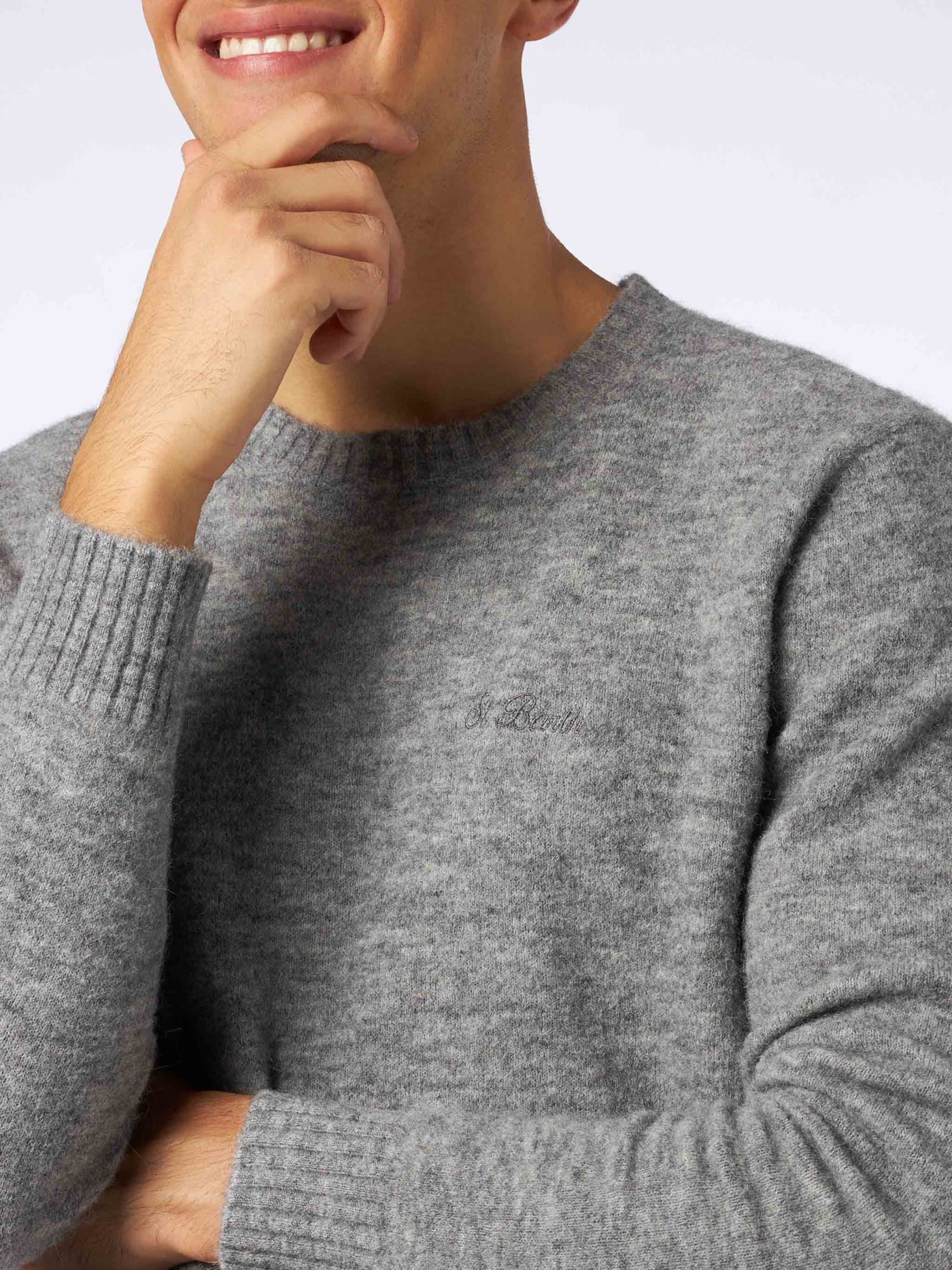 Shop Mc2 Saint Barth Man Grey Mélange Stretch Wool Sweater With St. Barth Embroidery
