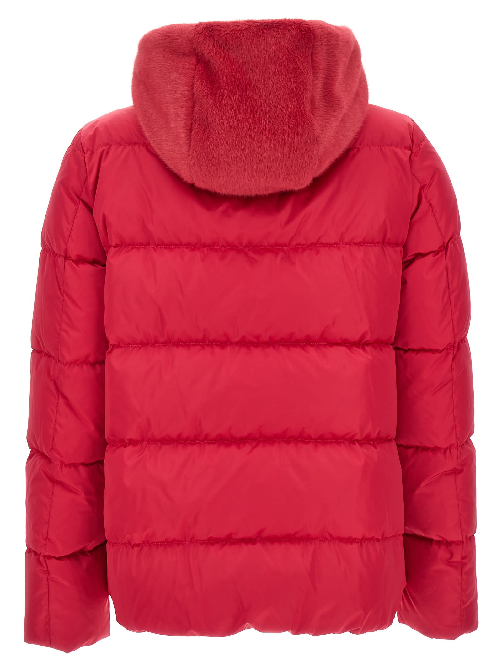 Shop Herno Lady Faux Fur Satin Down Jacket In Fuchsia