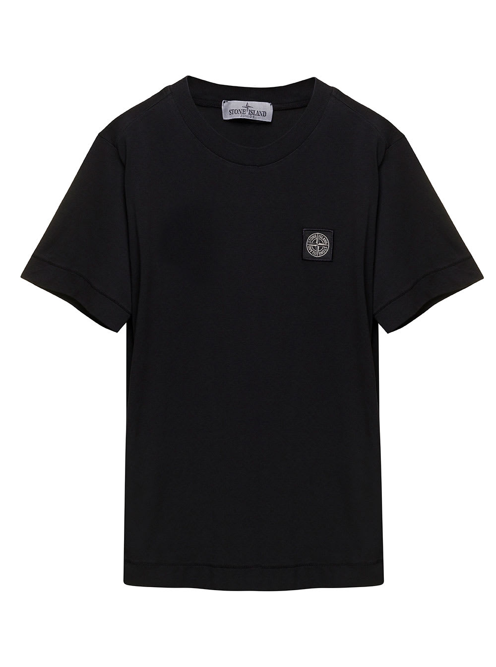 Stone Island Black Crewneck T-shirt With Patch Logo In Cotton Boy In Black