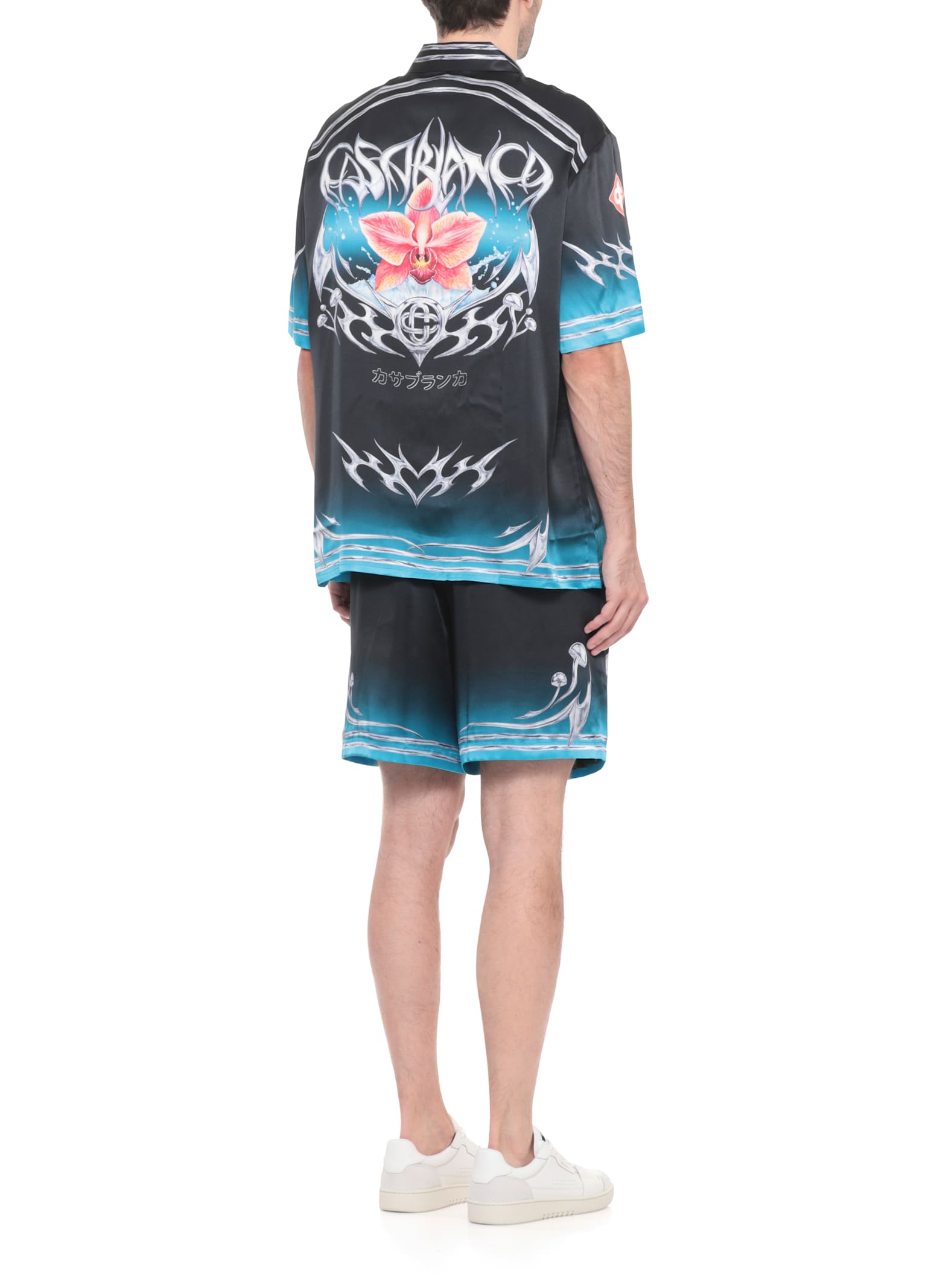 Casablanca Floral Graphic Short Sleeve Satin Top In Black