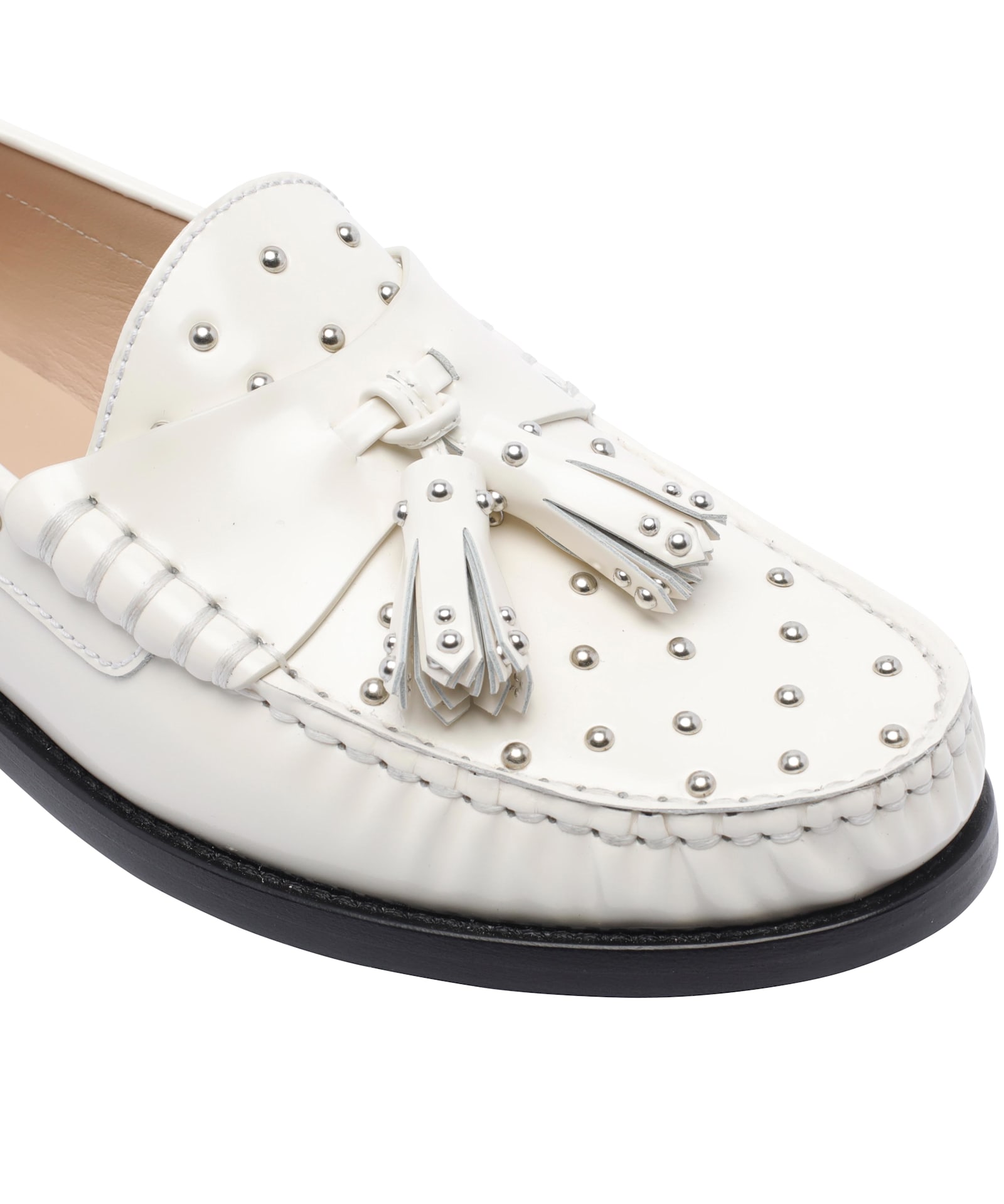 Stuart Weitzman Tassel-embellished Studded Loafers In White