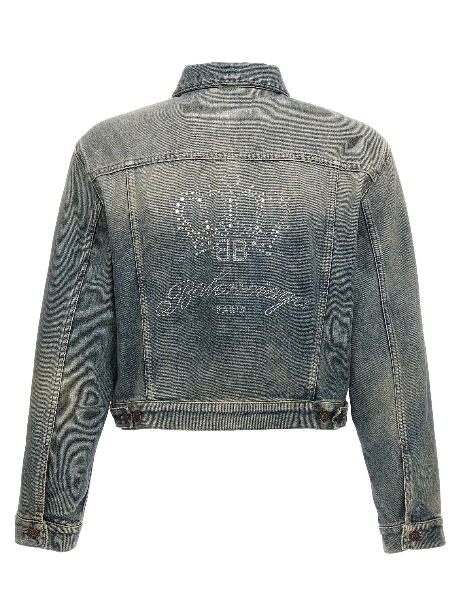 Shop Balenciaga Rhinestone Logo Denim Jacket In Blue