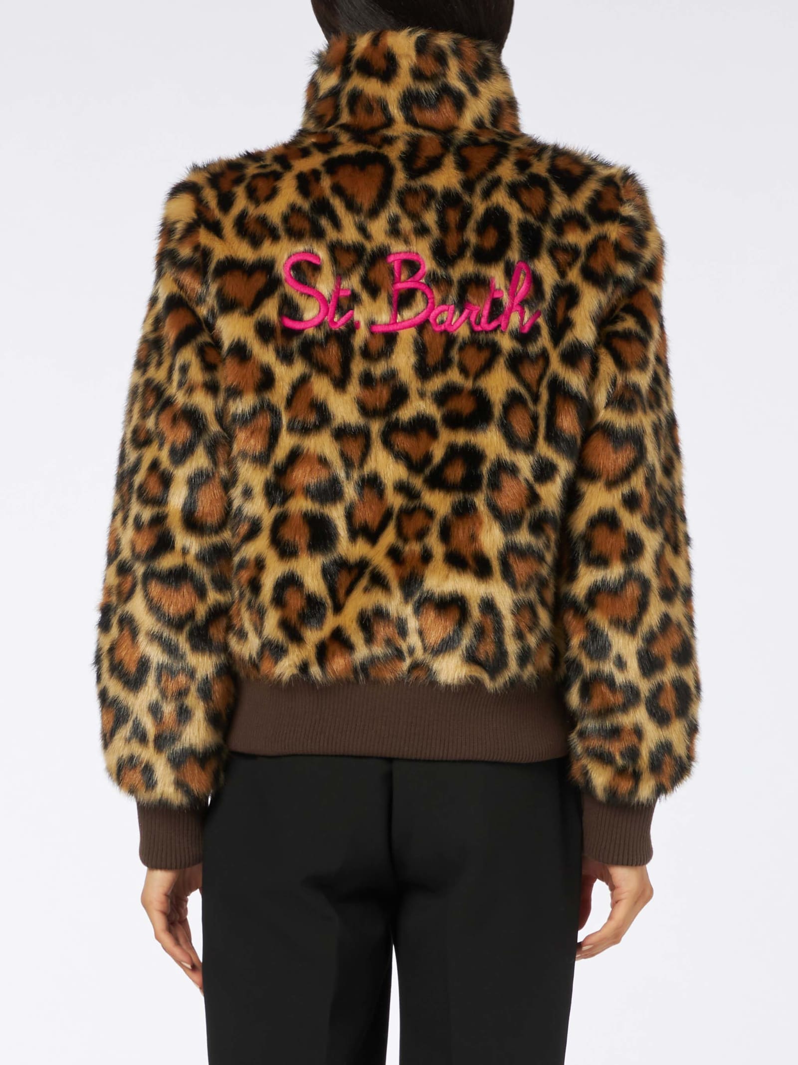 Mc2 Saint Barth Woman Furry Short Jacket With Animalier Heart Print In Brown