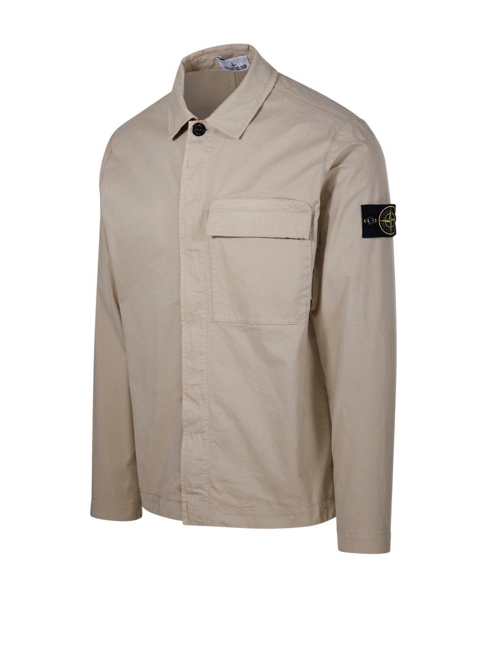 Shop Stone Island Logo Patch Collared Shirt Jacket In Beige
