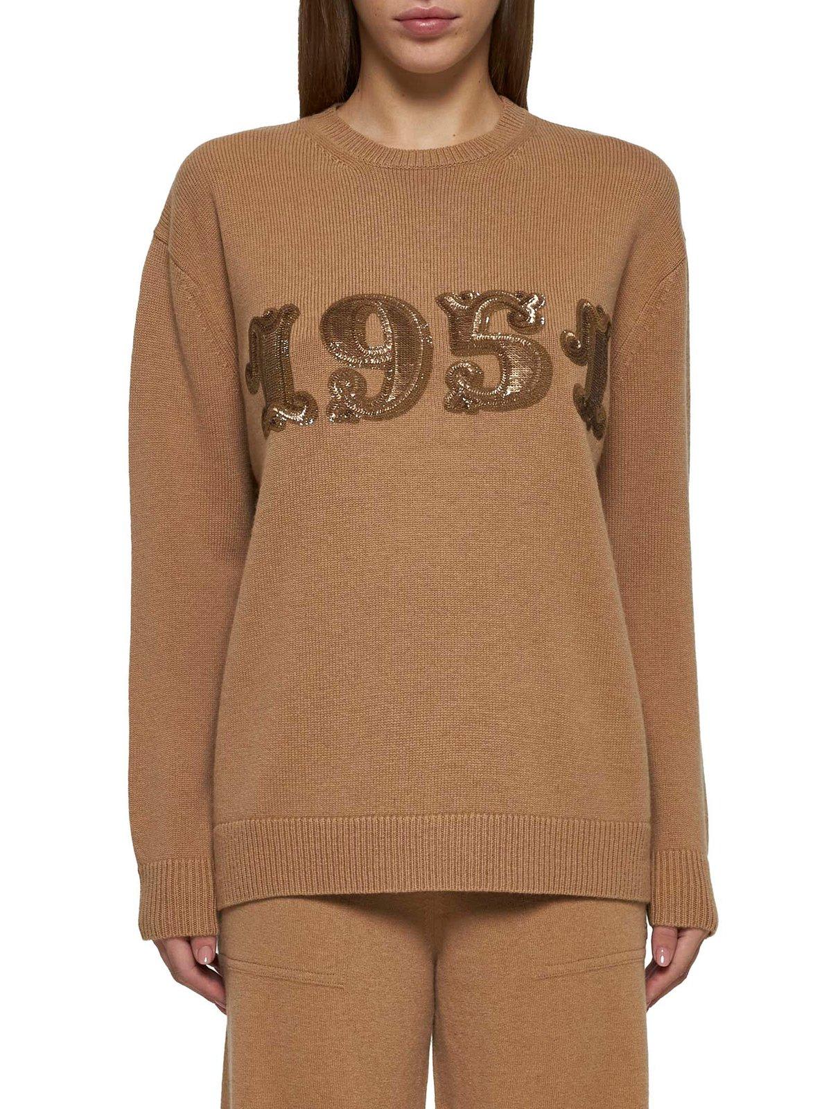 Shop Max Mara Plata Logo Embellished Crewneck Jumper In Brown