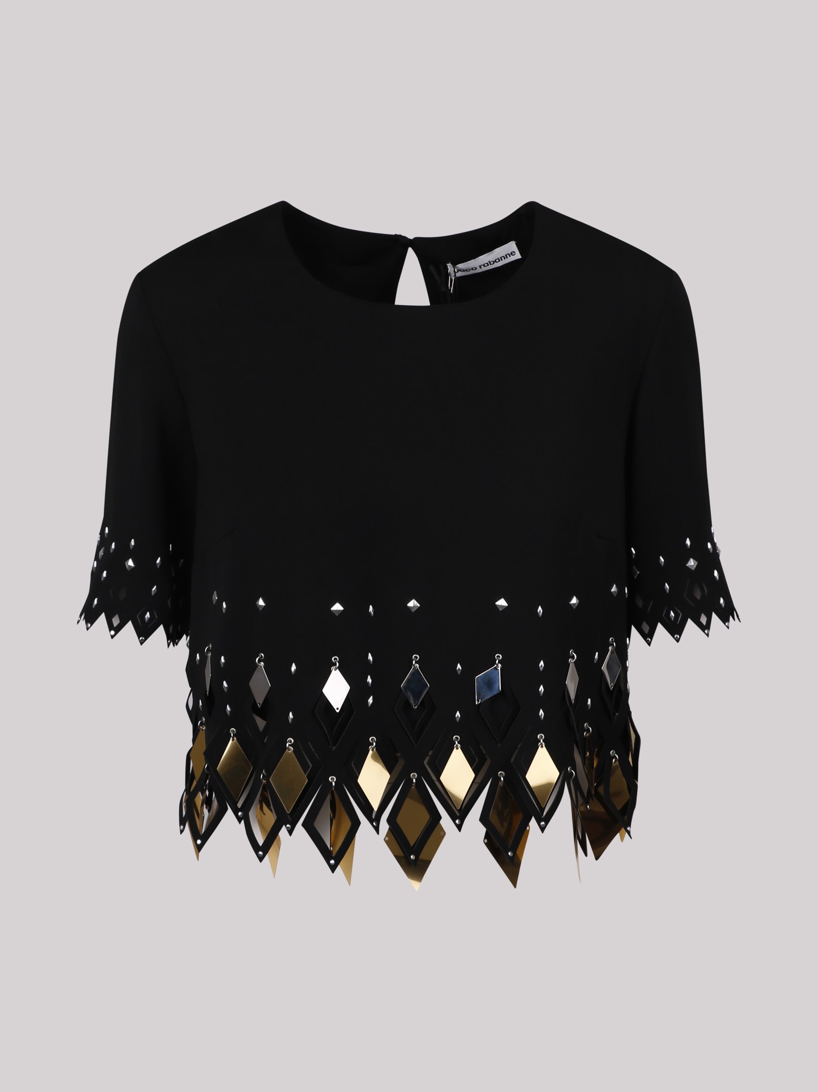Rabanne Paillette Fringe Short Sleeve Crop Top