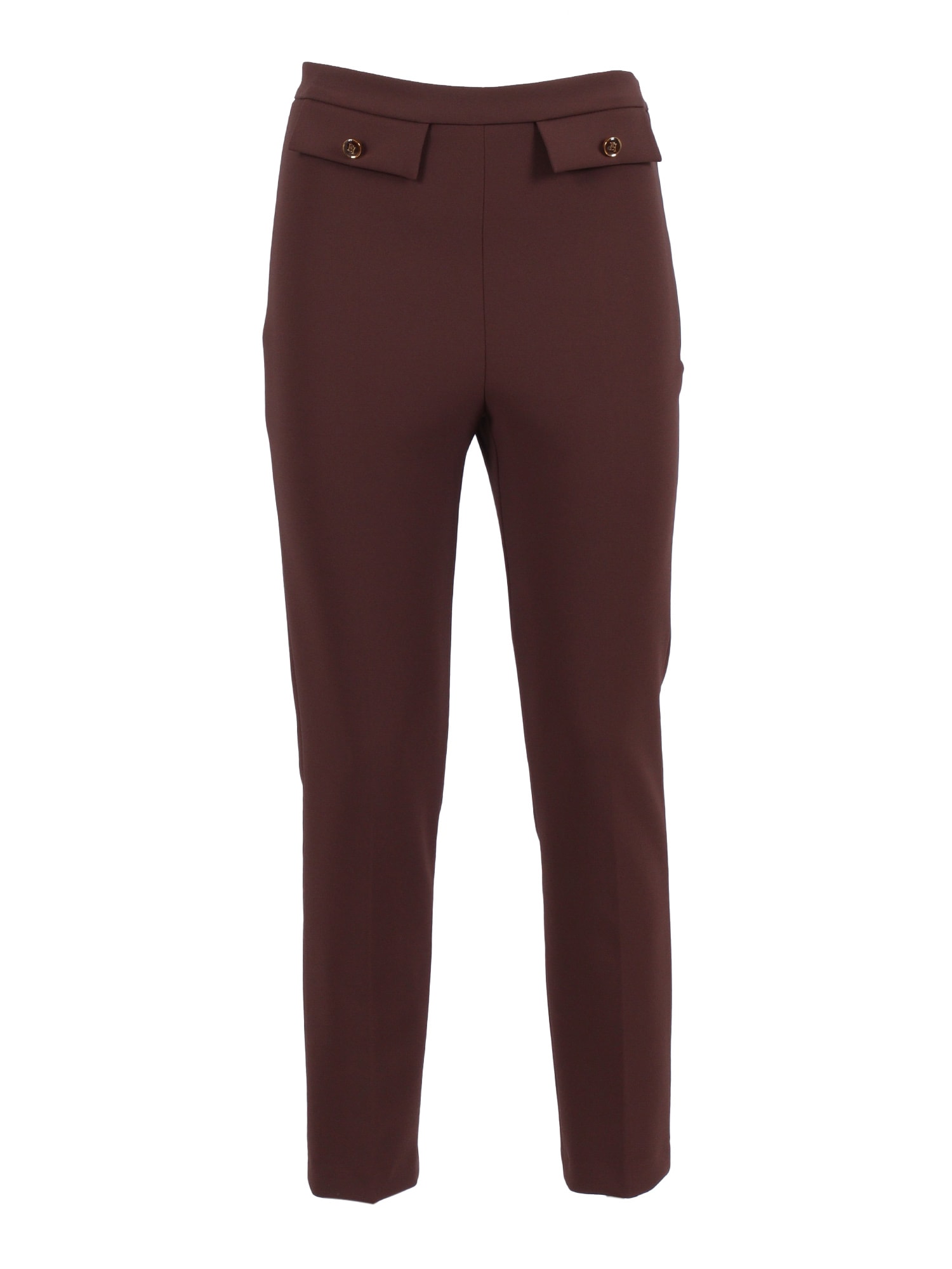 Elisabetta Franchi Straight Stretch Crepe Trousers With Rivet In Brown
