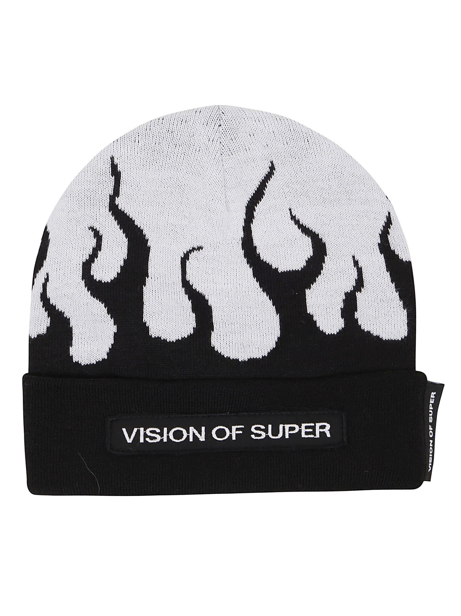Vision of Super Flwhite Wool Black Beanie With White Flames