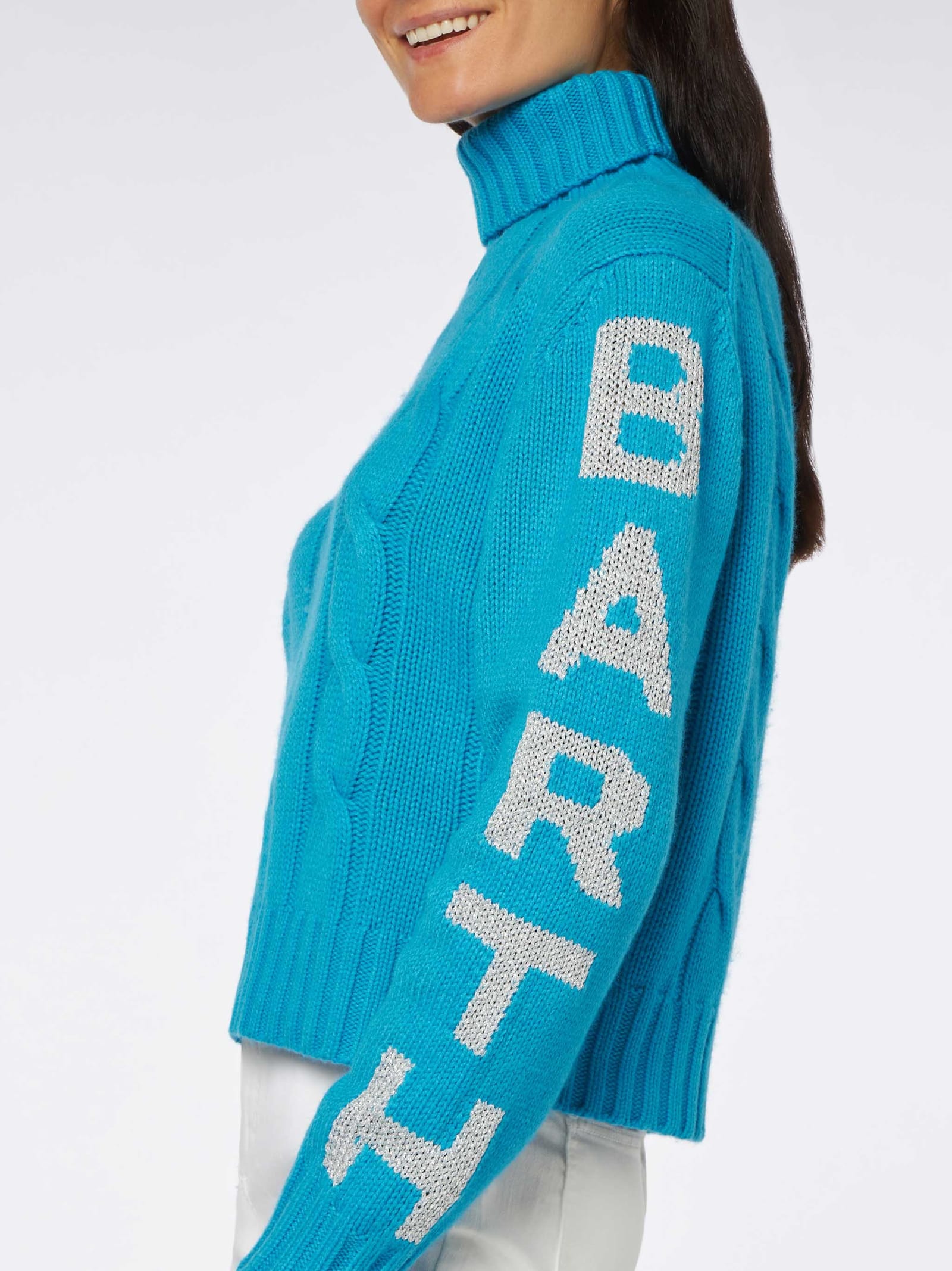 Shop Mc2 Saint Barth Woman Turtleneck Braided Sweater With Saint Barth Jacquard Print In Sky