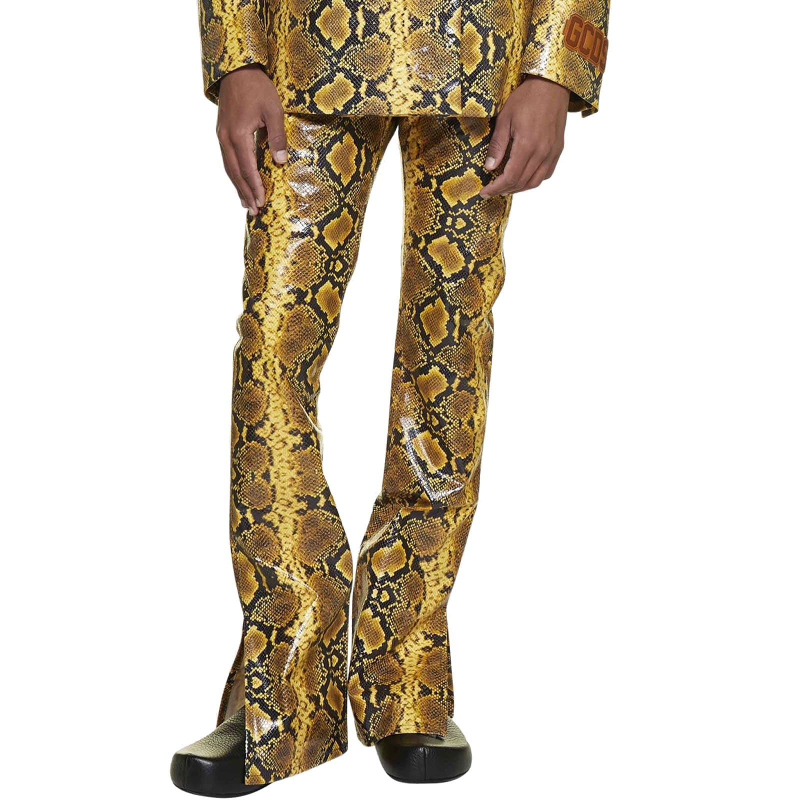 Shop Gcds Animal Print Faux Leather Pant In Yellow
